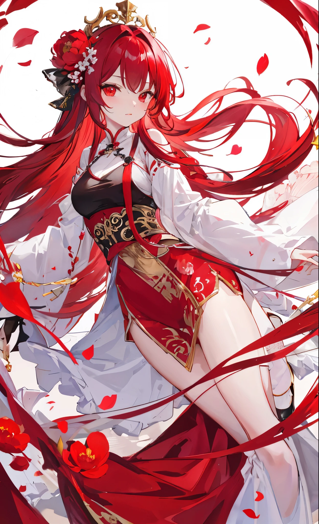 Red peony flowers for decoration，light red long hair，Dark red and white clothes，Fairy Sister of Hehuan Sect，A crazy beauty who knows how to whip slaves！