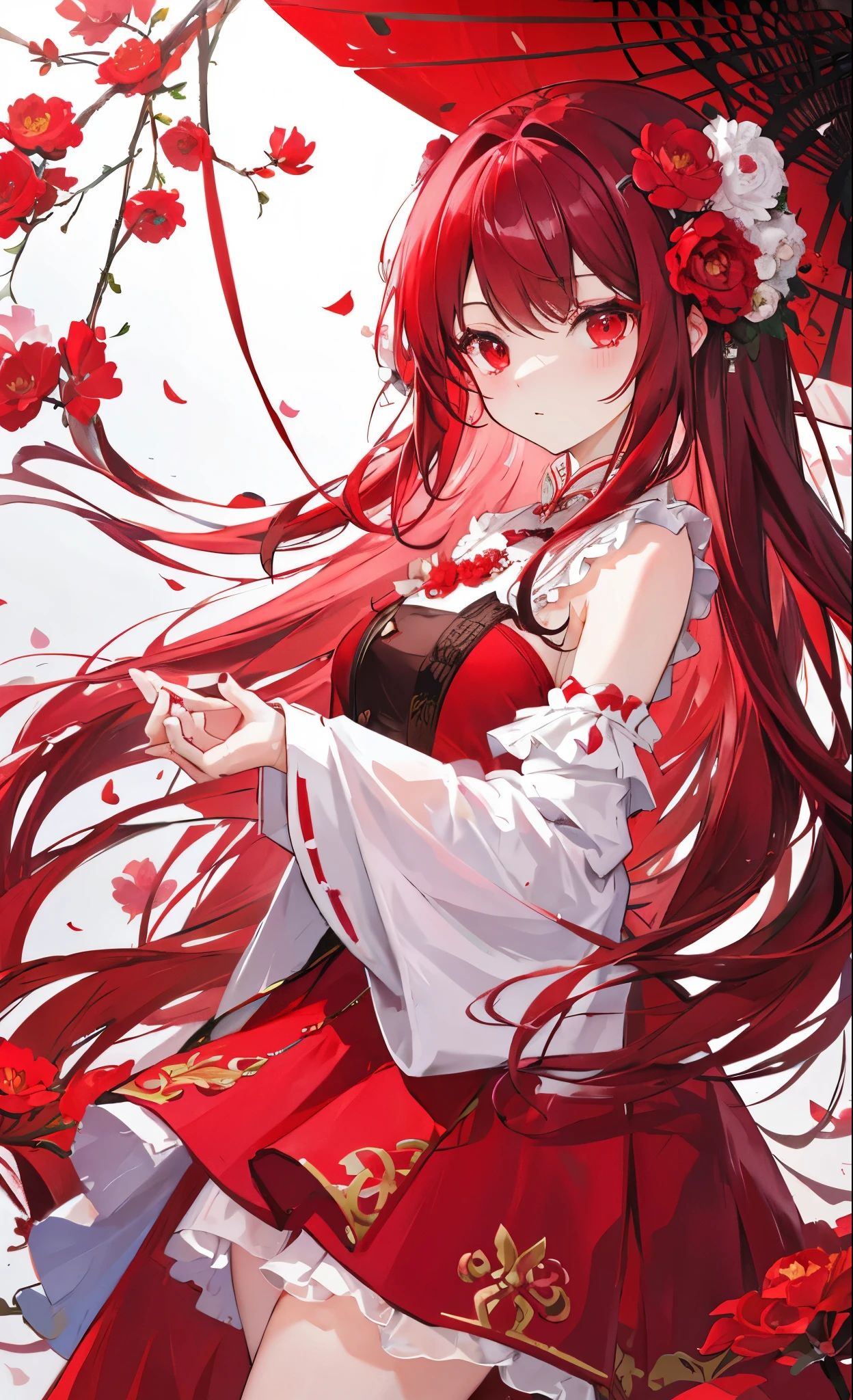 Anime girl with red hair and red umbrella in the wind - SeaArt AI