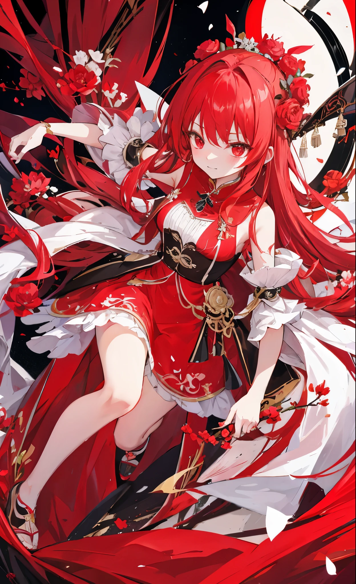 Red peony flowers for decoration,light red long hair,Dark red and white clothes,Fairy Sister of Hehuan Sect,A crazy beauty who knows how to whip slaves!