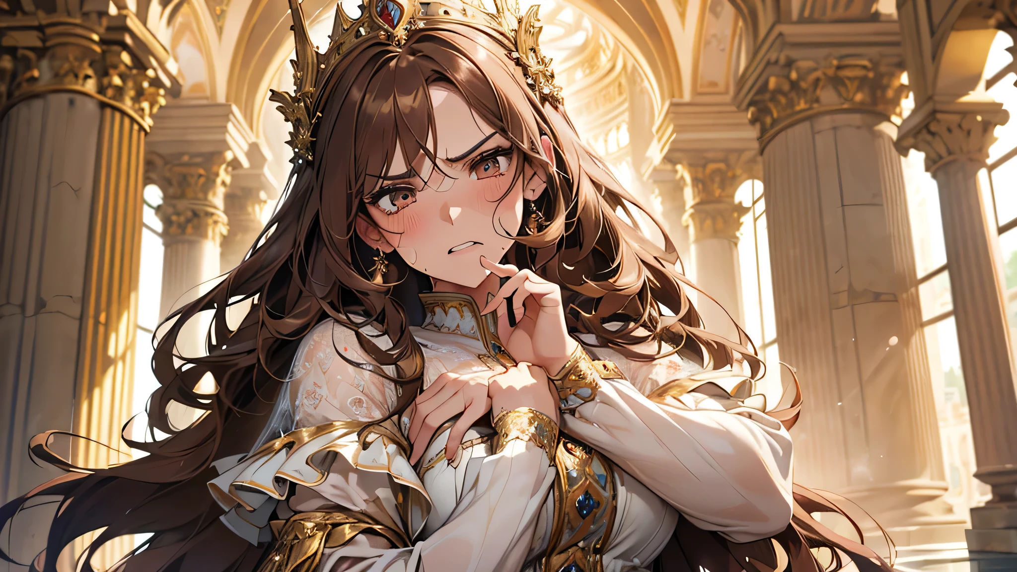 beautiful girl, thick brown hair, modelshoot style, (extremely detailed CG unity 8k wallpaper),full shot body photo of the most beautiful artwork in the world, stunningly beautiful photo realistic cute women intricately detailed costume, transparent gown (Chateau de Versailles, Pisa Baptistery Of St. John background, angry, double-toothed, indignant, blush, sweat, detailed face