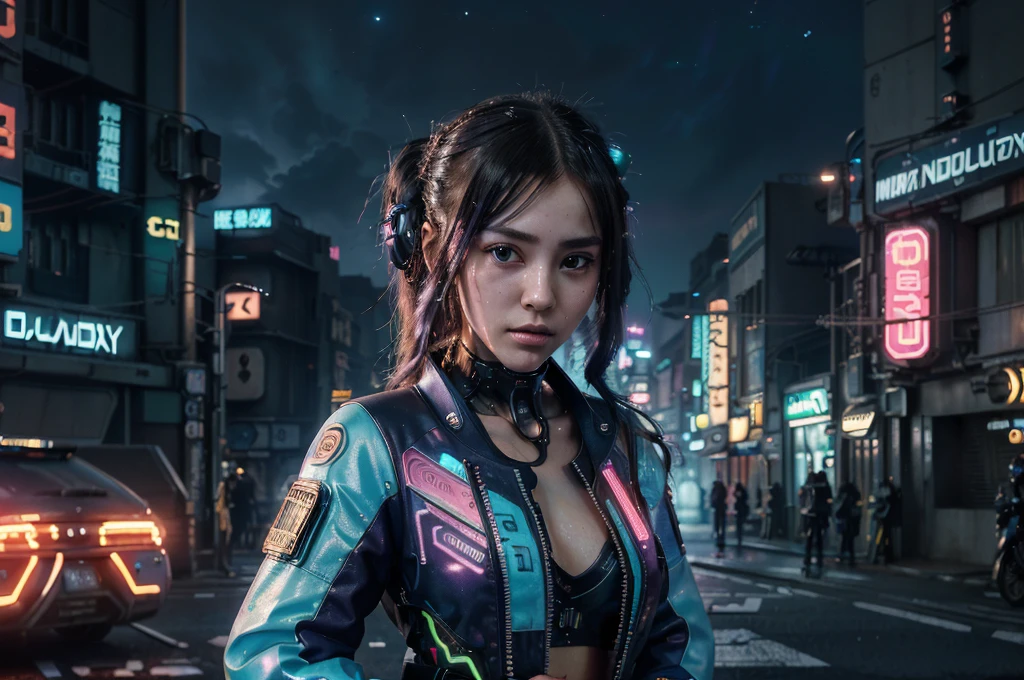 ((Awesome masterpiece anime illustration.)), ((Extremely delicate and beautiful cyber girl)), ((Very detailed and exposed face)), ((Mechanical member, )), (tube connections that attach to the neck:1.2 ), ((mass of wires and cables on the body)), ((wearing colorful Harajuku tech jacket with logo)), (dynamic pose), ((futuristic motorcycle behind the girl)), (((night sky with smog))),((masterpiece)), (((Best quality))), ((ultra detailed)), (Highly detailed photorealistic CG illustration), cinematic lighting, Science fiction, extremely detailed, colorful, higher detail, (((cyberpunk city background, dark and neon lights shining on the girl (Bladebuster), harajuku district))), (((8k))). NSFW