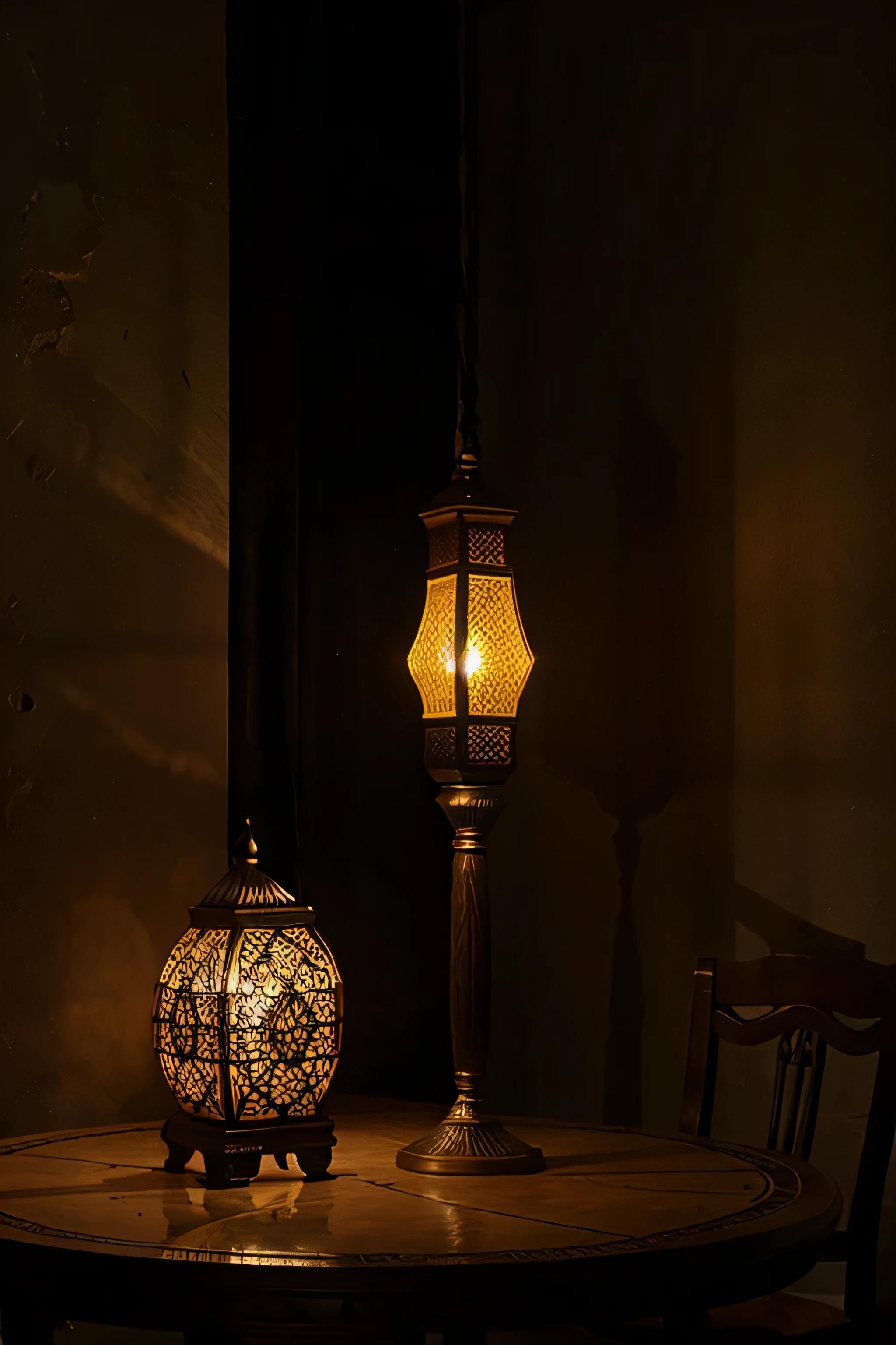 A Morocco Lamp in the ancient table, dark cinematic