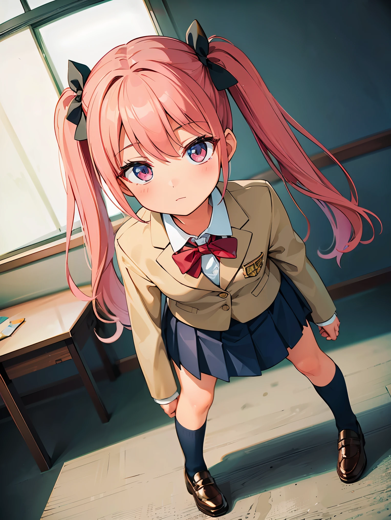 (In 8K, 生photograph, 最high quality, table top: 1.2), 高精細RAWカラーphotograph, Professional photograph, cinematic light, (and soul:1.2), (1 female), ((pink hair, twin tails)), (small face), beautiful eyes, long eyelashes, beautiful eyelids, slender body, ((high school uniform, blazer)), ((stare intently)), (((full body shot)) )，(( blush all over the face)), ((electric town, low angle shot)), realistic, very detailed, photograph, table top, high quality, high quality, High resolution, professional lighting, (glowing skin:0.9),