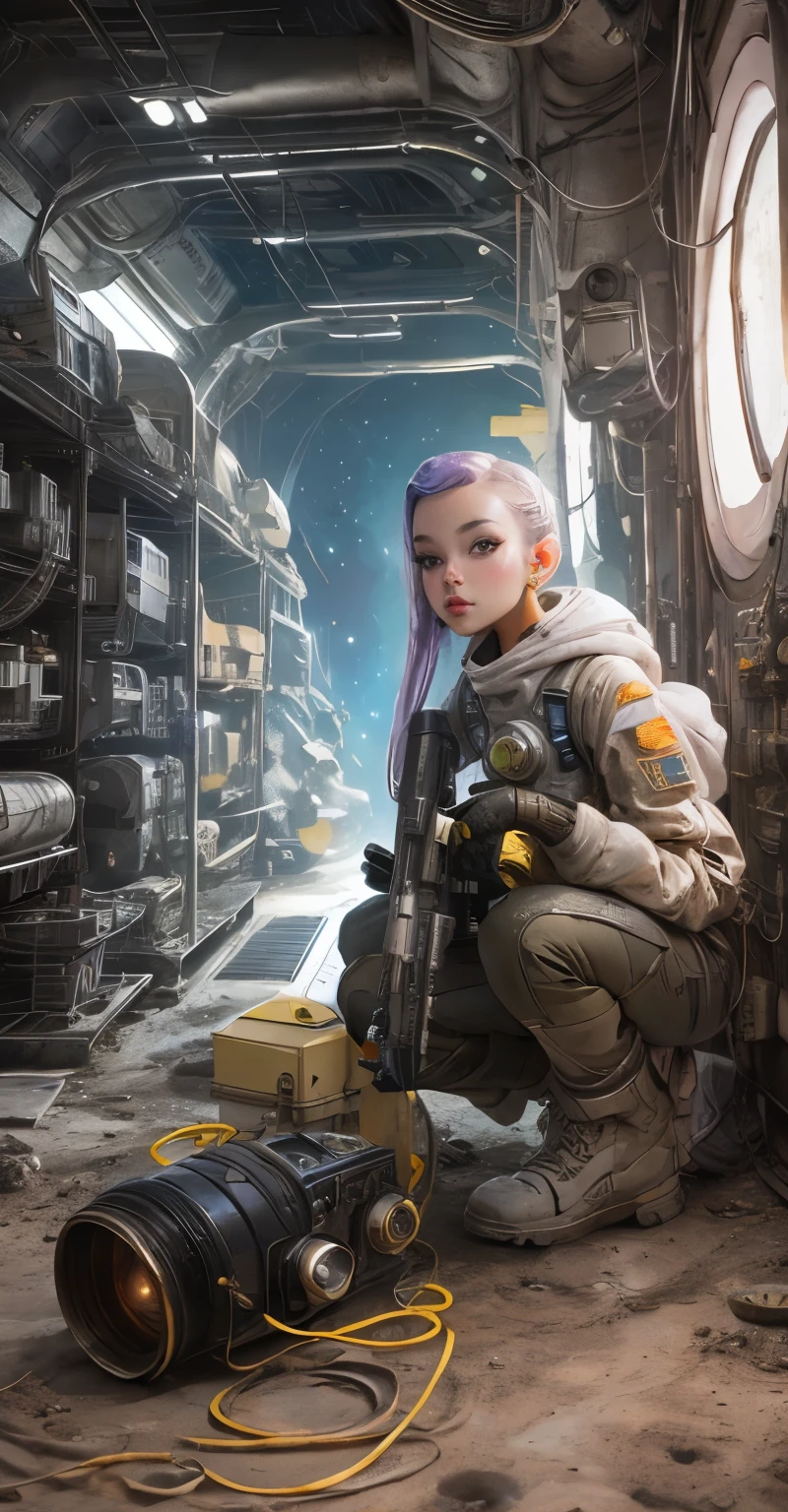 Beautiful glamorous space alien girl, out in dirty grimy space camp hunting vermin aliens, photorealism 36k resolution, Kodak quality professional photography