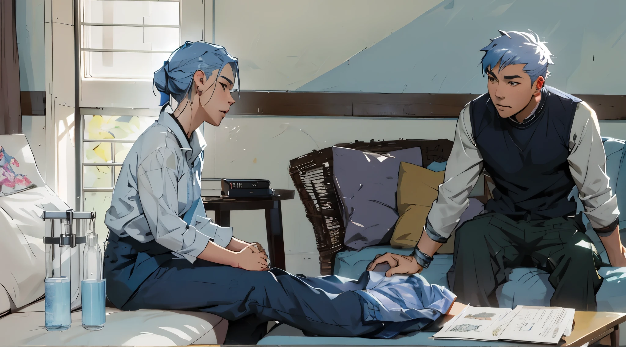 anime characters sitting on a sofa in a living room, obra de arte al estilo de guweiz, Ross Tran y Bayard Wu, Krenz Cushart y Asher Duran, pintado en estudio de pintor anime, loish y ross tran, estilo anime 2d, fanart detallado, al estilo de ross tran, full color illustration, Arte conceptual relajante