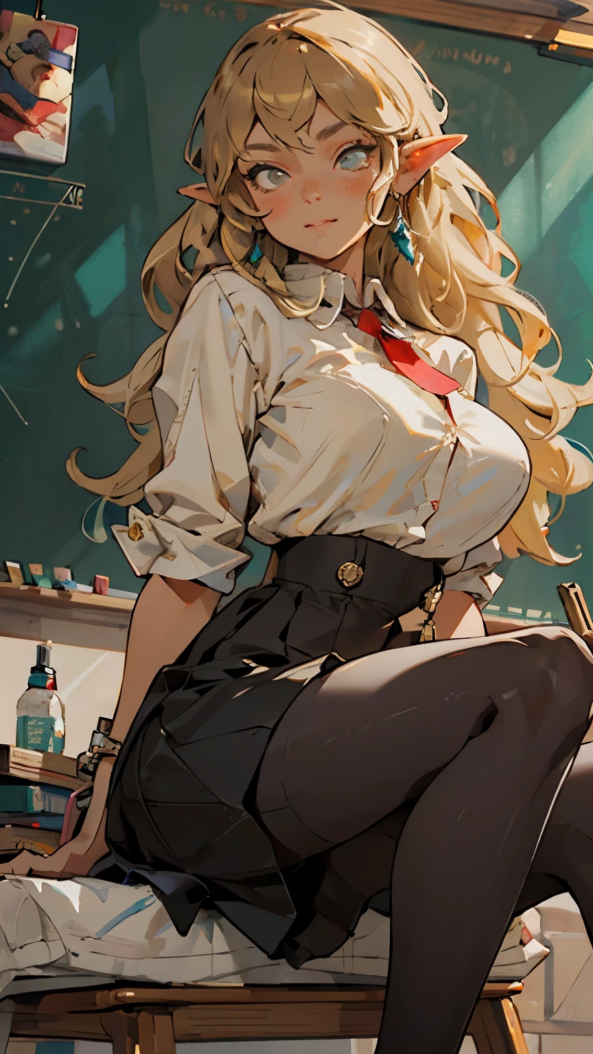 glow,masterpiece, beautiful, 4K, best quality, oil painting portrait style, cute face, big breasts, blonde,pointed ears, pantyhose,teacher