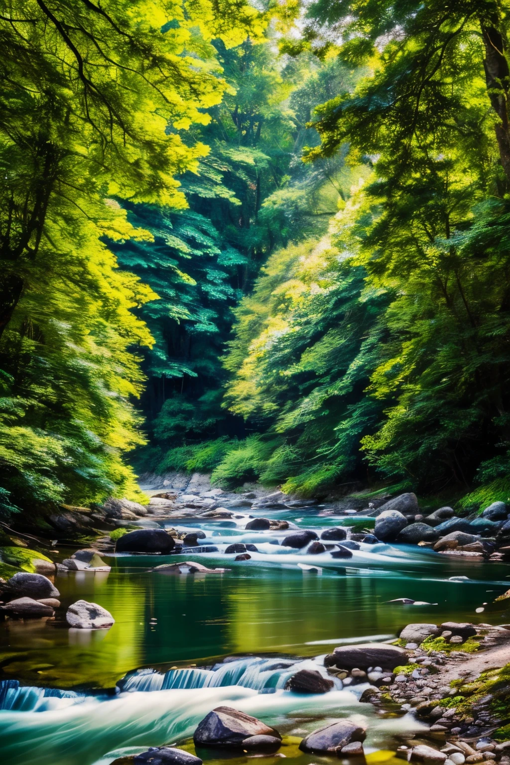 (RAW style, masterpiece, best quality, ultra-detailed), a vibrant bird with stunning colors sits majestically in a lush green forest, surrounded by a blooming array of flowers and a sparkling, crystal-clear river, the vivid feathers of the bird almost pop out from the scene, the forest's lush greenery and the river's tranquil reflection adds depth and dimensions, the atmosphere is filled with a sense of serenity and peace, analog style, (intricate textures, film grain), cinematic light, soft sidelighting, ultra high res, capturing every minute detail, the leaves on the trees, the petals of the flowers and the
