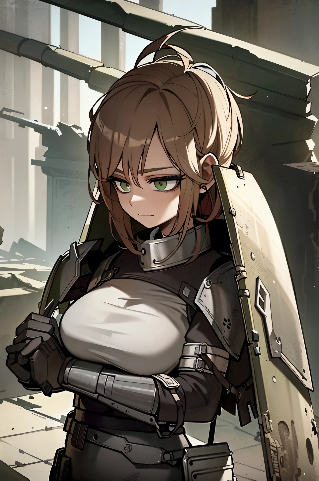((masterpiece, best quality)), (1 woman), (alone), (women's focus), (battlefield, abandoned, A desolate, worn out, decadent, Post-apocalypse, wasteland, dystopian: 1.25), fancy, (Armor :1.0), (Shields:1.2), black skin, mace, knightage도, knightage, brown hair, green eyes), (awkward smile)