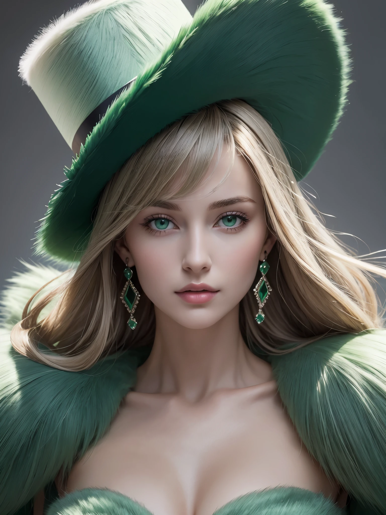 (masterpiece, highest quality, photo realistic, High resolution, photograph, :1.3), close up shot, sharp focus, (1 girl, european girl, Featured models), realistic skin, (slim body shape), Platinum-colored side sweep shorthair, highly detailed hair, delicate face, glossy lips, a close up of a woman wearing a Light Green hat and earrings, sleek dark fur, Light Green Fur, Russian style, very beautiful fur, fine fur, Dasha Taran, dark fur, Fur details, top hat, Anastasia Ovchinnikova, Light Green hat, synthetic fur, Elena Belova, wearing a top hat, Julia Gorokhova,Beautiful maturation,