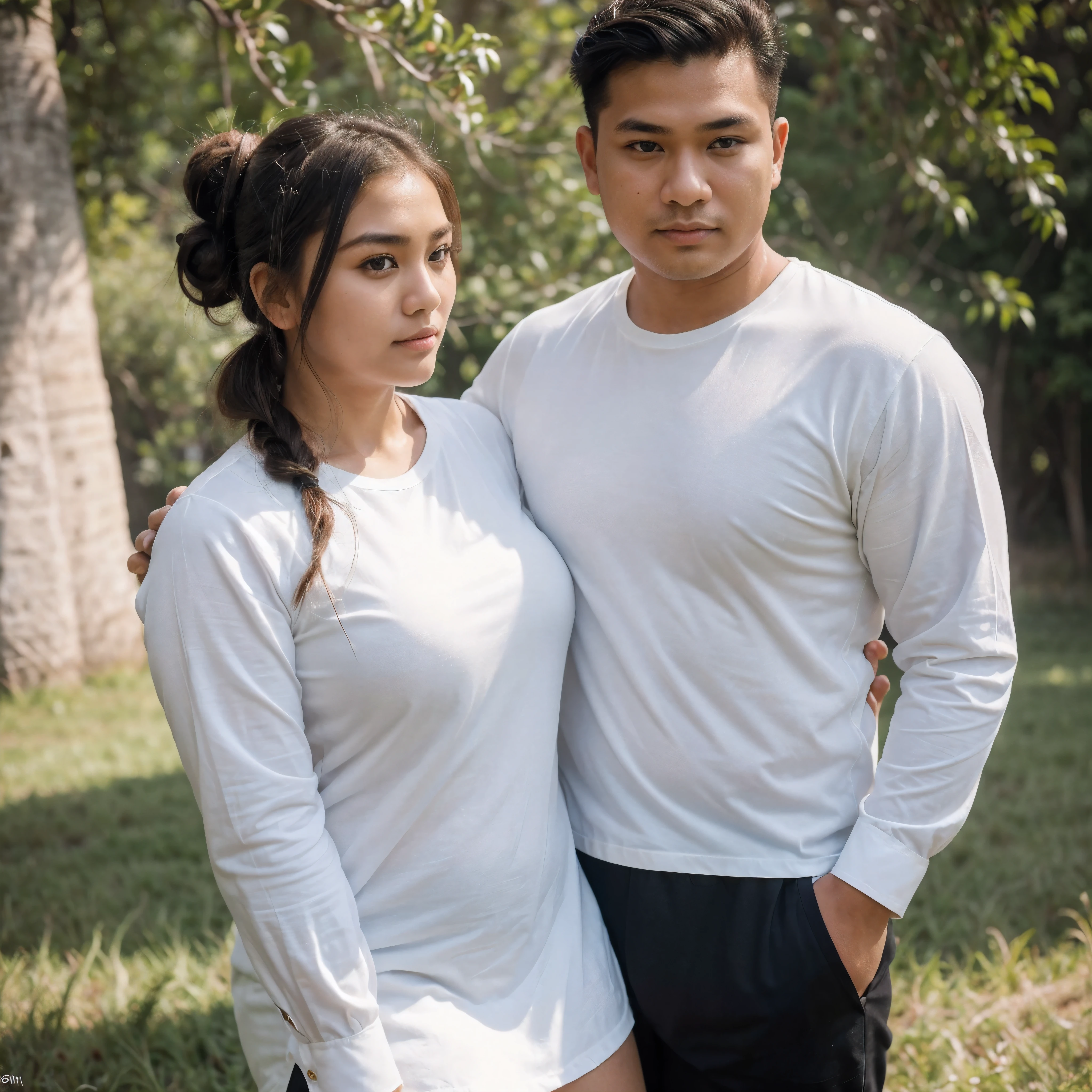 (8K, best quality:1.2), (masterpiece:1.37), (high sharpness) Masterpiece, best quality, (highly detailed photo:1.1),
(Couples from indonesia),
(A man 25 years old, chubby face), (face clean-shaven and no beard or moustache), (short hair, Quiff Undercut hairstyle), (use white shirt with long sleeves), perfect fingers.
BREAK,
(With a woman 25 years old, chubby face), (long hair), (hair tied), (top knot hairstyle), (use slim white long-sleeved shirt), perfect fingers.
They stand in the meadow, at afternoon,