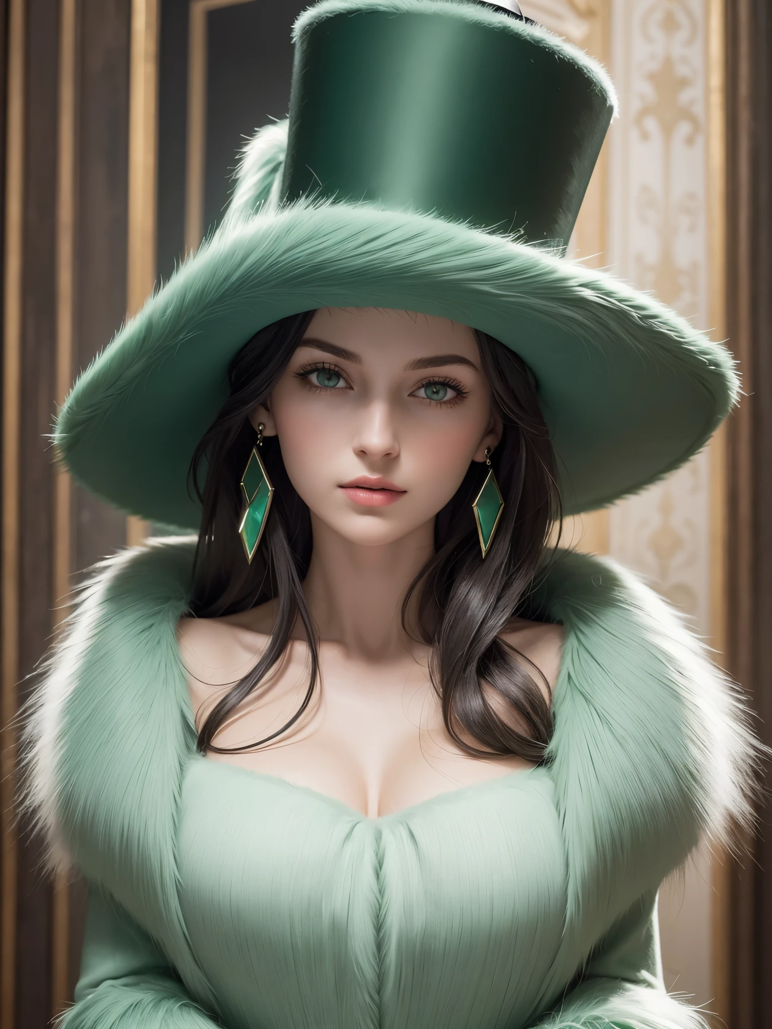 (masterpiece, highest quality, photo realistic, High resolution, photograph, :1.3), close up shot, sharp focus, (1 girl, european girl, Featured models), realistic skin, (slim body shape), Platinum-colored side sweep shorthair, highly detailed hair, delicate face, glossy lips, a close up of a woman wearing a Light Green hat and earrings, sleek dark fur, Light Green Fur, Russian style, very beautiful fur, fine fur, Dasha Taran, dark fur, Fur details, top hat, Anastasia Ovchinnikova, Light Green hat, synthetic fur, Elena Belova, wearing a top hat, Julia Gorokhova,Beautiful maturation,