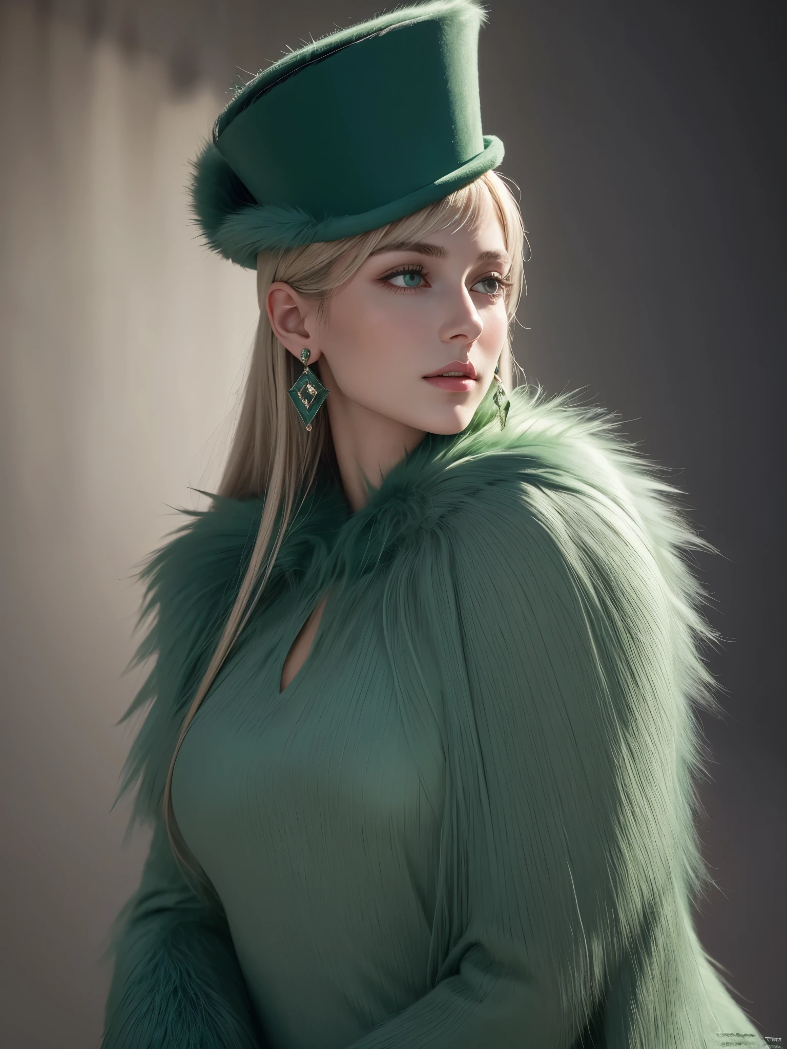 (masterpiece, highest quality, photo realistic, High resolution, photograph, :1.3), close up shot, sharp focus, (1 girl, european girl, Featured models), realistic skin, (slim body shape), Platinum-colored side sweep shorthair, highly detailed hair, delicate face, glossy lips, a close up of a woman wearing a Light Green hat and earrings, sleek dark fur, Light Green Fur, Russian style, very beautiful fur, fine fur, Dasha Taran, dark fur, Fur details, top hat, Anastasia Ovchinnikova, Light Green hat, synthetic fur, Elena Belova, wearing a top hat, Julia Gorokhova,Beautiful maturation,