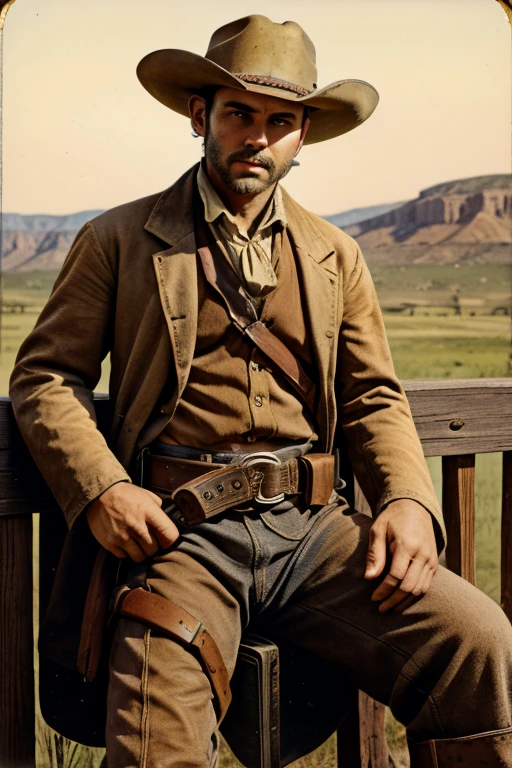 1 male、American、22 years old、Sepia color photos、aged photos、Cowboy costume、My whole body is covered in dust、Western development history、colt peacemaker、Gun belt、Tobacco、stubble、sitting on the fence of the ranch、cowboy shot