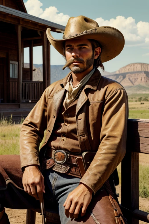 1 male、American、22 years old、Sepia color photos、aged photos、Cowboy costume、My whole body is covered in dust、Western development history、colt peacemaker、Gun belt、Tobacco、stubble、sitting on the fence of the ranch、cowboy shot