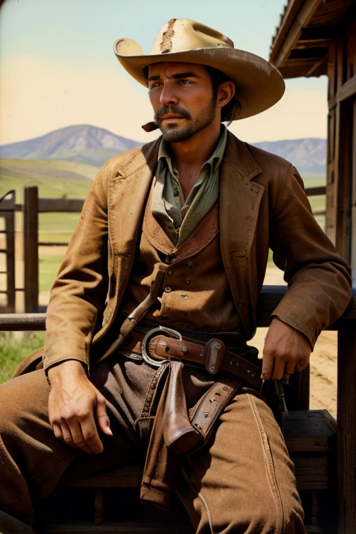 1 male、American、22 years old、Sepia color photos、aged photos、Cowboy costume、My whole body is covered in dust、Western development history、colt peacemaker、Gun belt、Tobacco、stubble、sitting on the fence of the ranch、cowboy shot