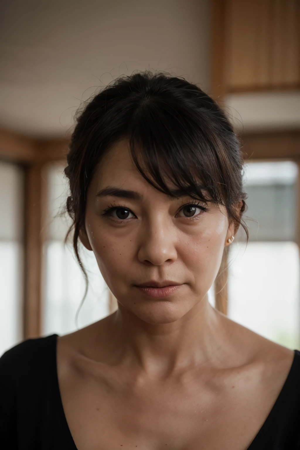 high quality, face portrait photo of 75 y.o japanese woman, wearing black dress, serious face, detailed face, skin pores, cinematic shot, dramatic lighting