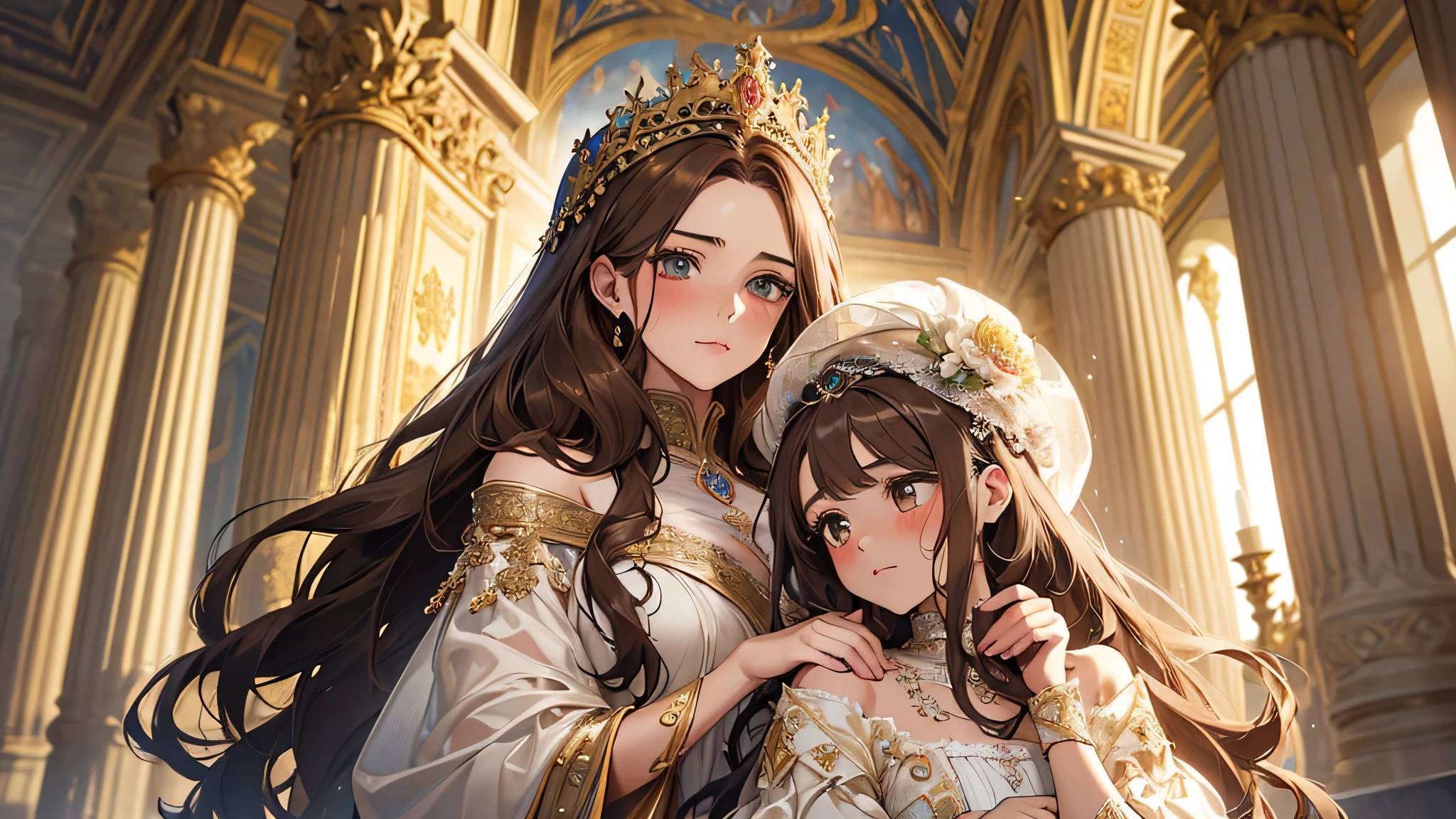 beautiful girl with ung girl, thick brown hair, modelshoot style, (extremely detailed CG unity 8k wallpaper),full shot body photo of the most beautiful artwork in the world, stunningly beautiful photo realistic cute women intricately detailed costume, transparent gown (Chateau de Versailles, Pisa Baptistery Of St. John background, indignant, blush, detailed face