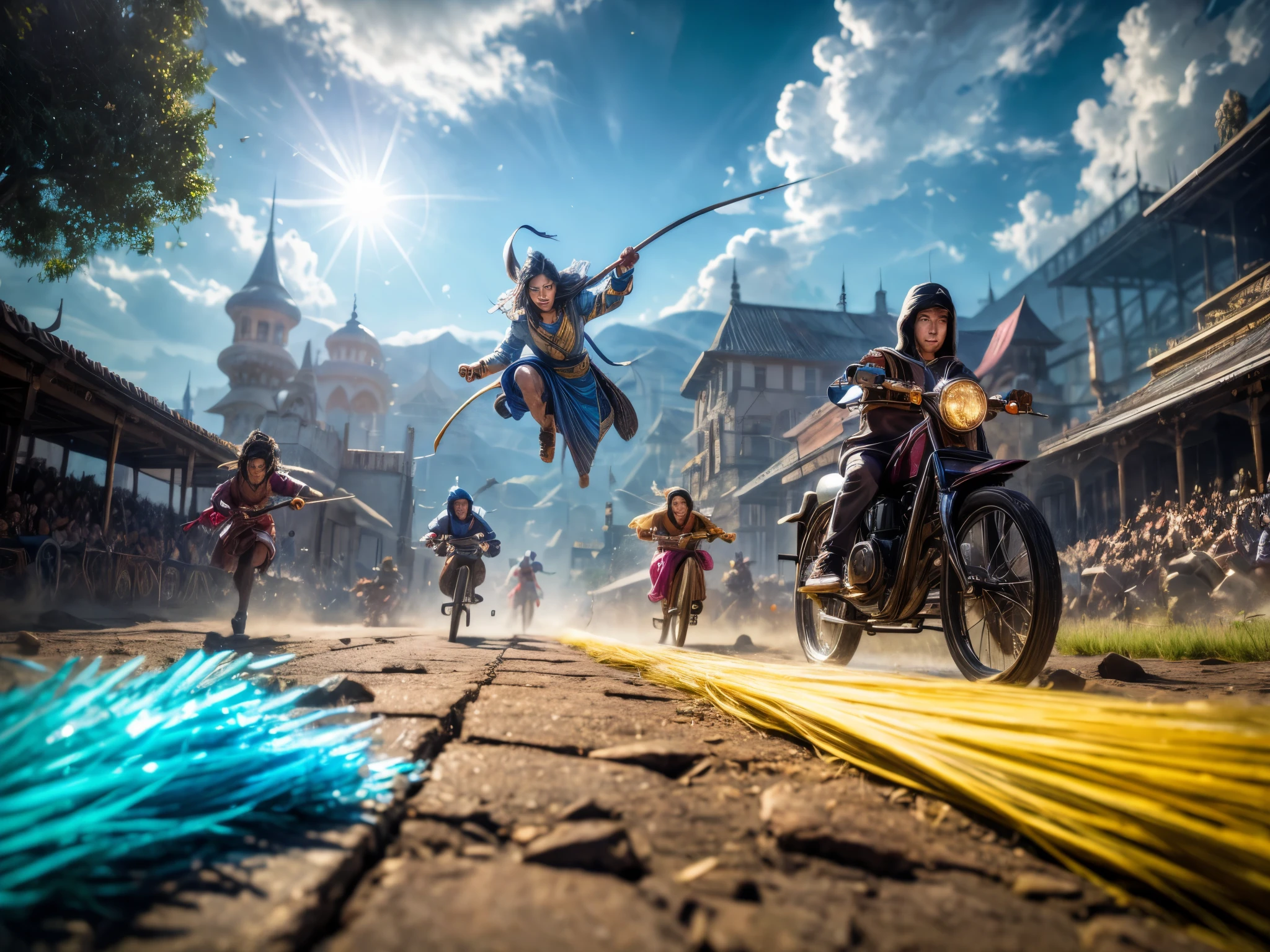 (best quality,4k,8k,highres,masterpiece:1.2),ultra-detailed,(realistic,photorealistic,photo-realistic:1.37),HDR,UHD,studio lighting,ultra-fine painting,sharp focus,physically-based rendering,extreme detail description,professional,vivid colors,bokeh, portraits
Under the vibrant blue sky, several powerful wizards engage in a thrilling and breathtaking race on their enchanted brooms. They navigate through the cotton-like clouds effortlessly, showcasing their exceptional flying skills and magical abilities. The scene is filled with intense competition and excitement as the wizards fiercely chase each other, determined to be the first to reach the finish line. Their cloaks billow behind them, adding a sense of dynamic movement to the composition. Each wizard possesses beautifully detailed facial features, with piercing eyes that reveal their intense focus and determination. The meticulously painted brooms exhibit a realistic texture, with fine brush strokes capturing their wooden handles and bristles. The overall image quality is incredibly high, with (best quality,4k,8k,highres,masterpiece:1.2) ensuring that every minute detail is flawlessly rendered. The image exudes a sense of realism and depth, thanks to the (realistic,photorealistic,photo-realistic:1.37) approach taken in its creation. The lighting in the scene is expertly crafted, with the soft glow of studio lighting illuminating the wizards and their brooms, casting subtle shadows on the clouds below. The color palette is vivid and vibrant, enhancing the magical atmosphere of the race. The use of bokeh adds a touch of dreaminess to the image, with the background clouds softly blurred, allowing the focus to remain on the wizards and their brooms. This masterpiece is rendered in ultra-fine detail, with every element carefully depicted to create a visually stunning and captivating piece of art.