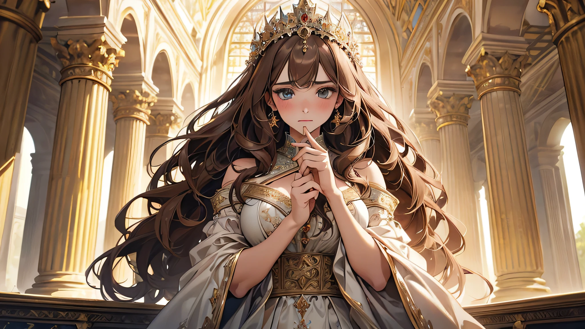 beautiful girl with 1 young girl, thick brown hair, modelshoot style, (extremely detailed CG unity 8k wallpaper),full shot body photo of the most beautiful artwork in the world, stunningly beautiful photo realistic cute women intricately detailed costume, transparent gown (Chateau de Versailles, Pisa Baptistery Of St. John background, indignant, blush, detailed face