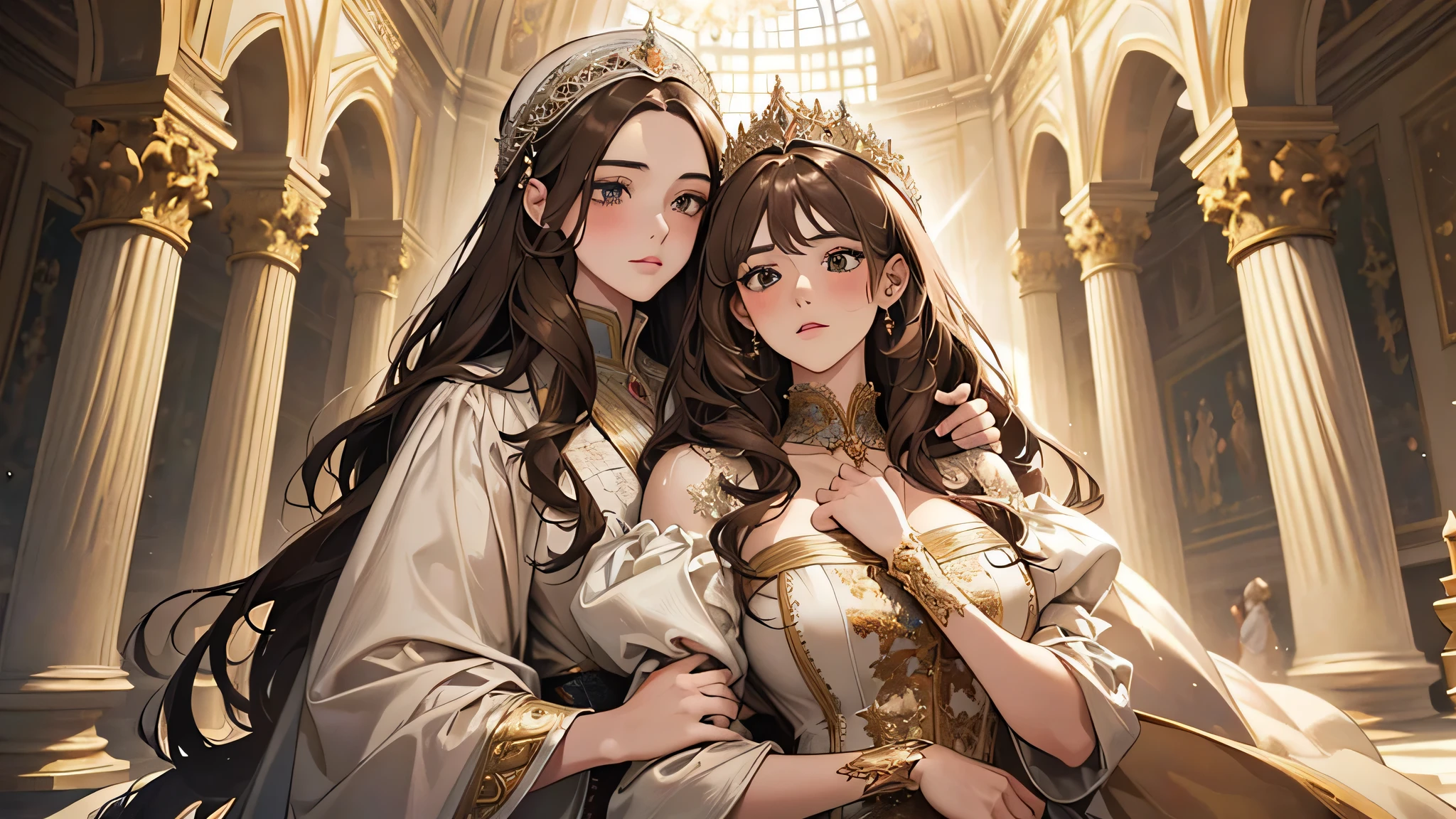 beautiful girl with ung girl, thick brown hair, modelshoot style, (extremely detailed CG unity 8k wallpaper),full shot body photo of the most beautiful artwork in the world, stunningly beautiful photo realistic cute women intricately detailed costume, transparent gown (Chateau de Versailles, Pisa Baptistery Of St. John background, indignant, blush, detailed face