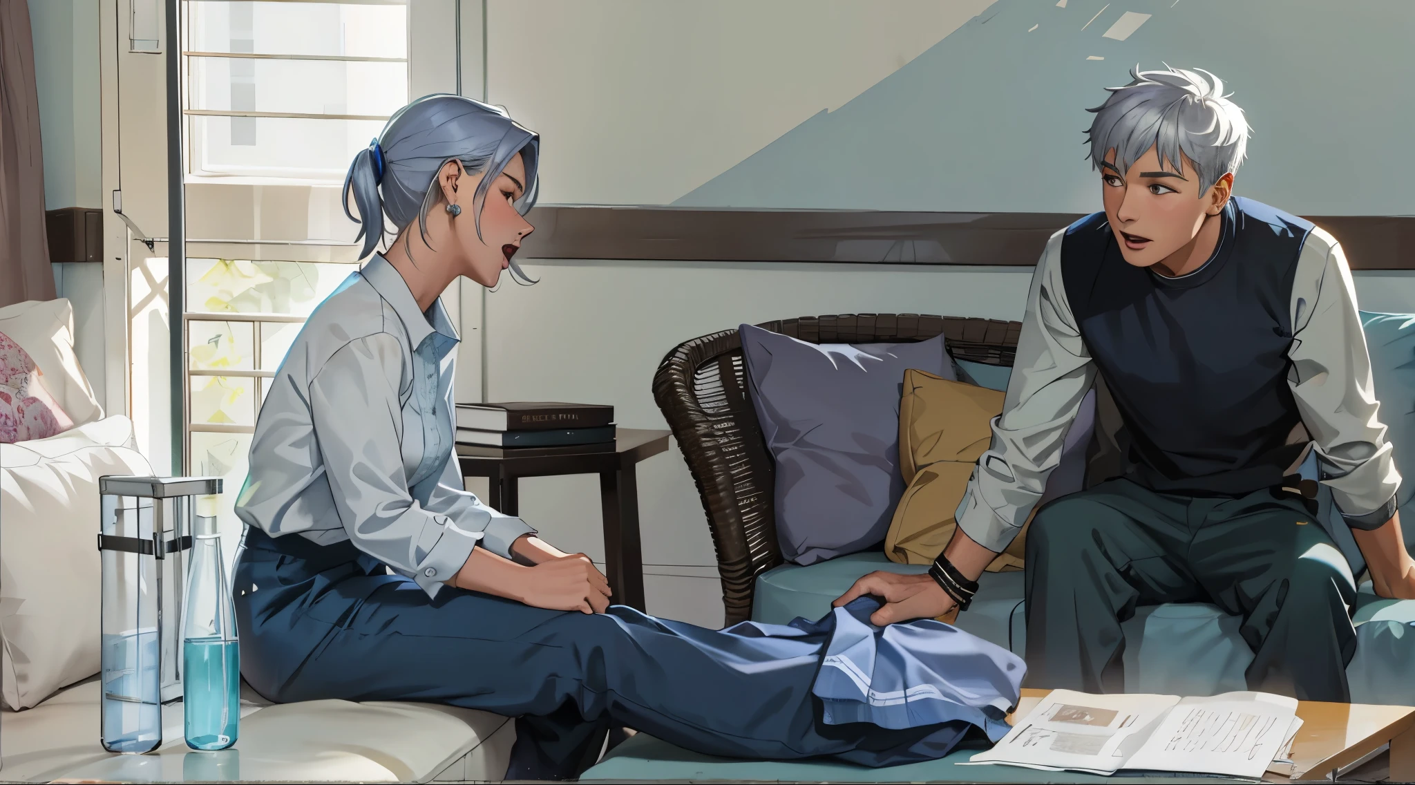 a 50 year old woman sitting talking to her 16 year old son opens her mouth and shouts they have silver hair