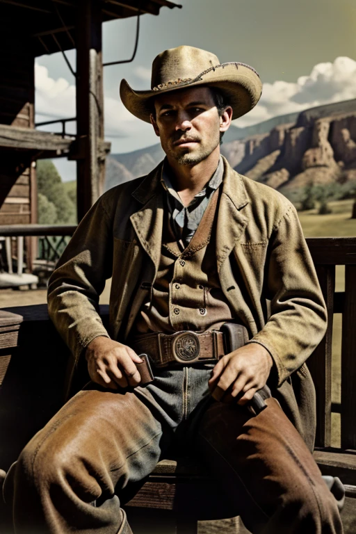 1 male、American、22 years old、Sepia color、aged photos、Cowboy costume、My whole body is covered in dust、Wild West、Colt Peacemaker handgun、Gun belt、Tobacco、stubble、sitting on the fence of the ranch、cowboy shot