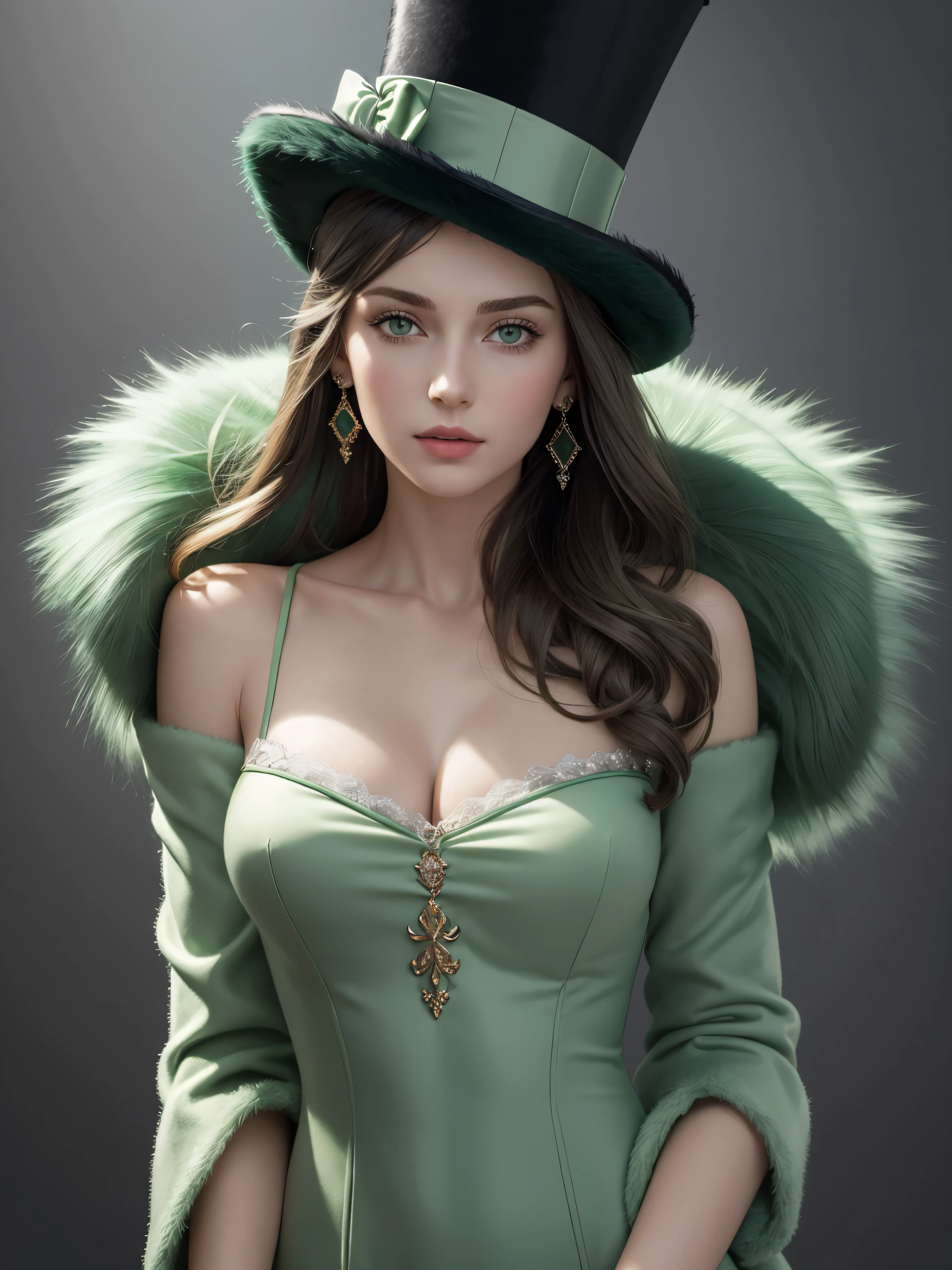 (masterpiece, highest quality, photographのようにリアルな, High resolution, photograph, :1.3), close up shot, sharp focus, (1 girl, european girl, Featured models), realistic skin, (slim body shape), Platinum-colored side sweep shorthair, highly detailed hair, delicate face, glossy lips, a close up of a woman wearing a Light green hat and earrings, sleek dark fur, light green fur, Russian style, very beautiful fur, fine fur, Dasha Taran, dark fur, Fur details, top hat, Anastasia Ovchinnikova, Light green hat, synthetic fur, Elena Belova, wearing a top hat, Julia Gorokhova,Beautiful aging,