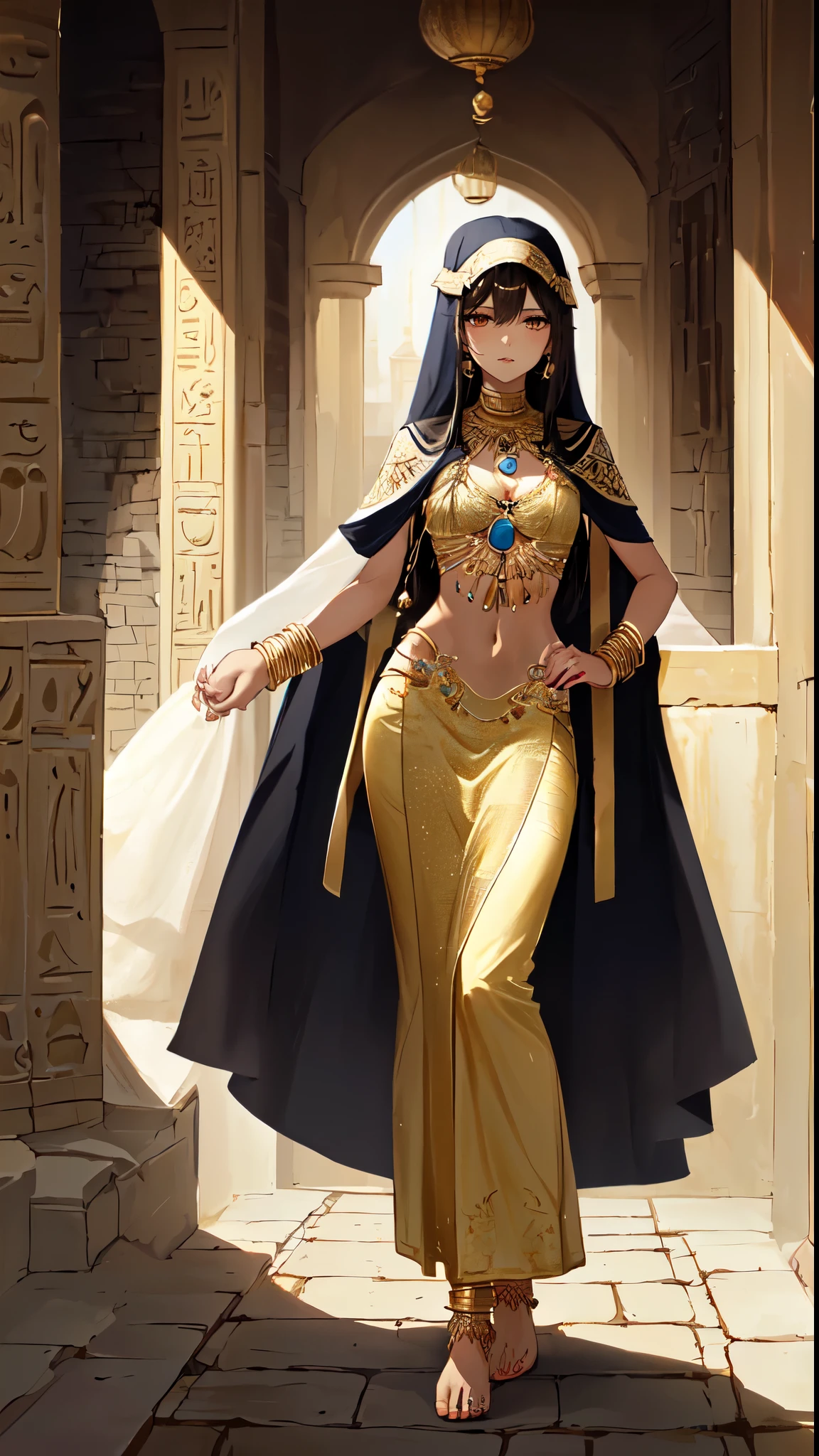 (Hold one hand on the wall and touch your chest with the other:2.0)(brown skin:2.0)same character,long black hair,Standing close-up,civilization,Mature beauty,Long narrow eyes,wheat colored skin,Qi bangs,golden eyes,(eye shadow,makeup feel),Ancient Egyptcivilization,Oasis background,(The Nile,Nile River,Epic feeling),A wide range of jewelry,(Style white long skirt,priestess dress,veil),necklace,her wheat-colored skin,Exotic,barefoot,Gemstone anklets,Detailedly drawn backgrounds