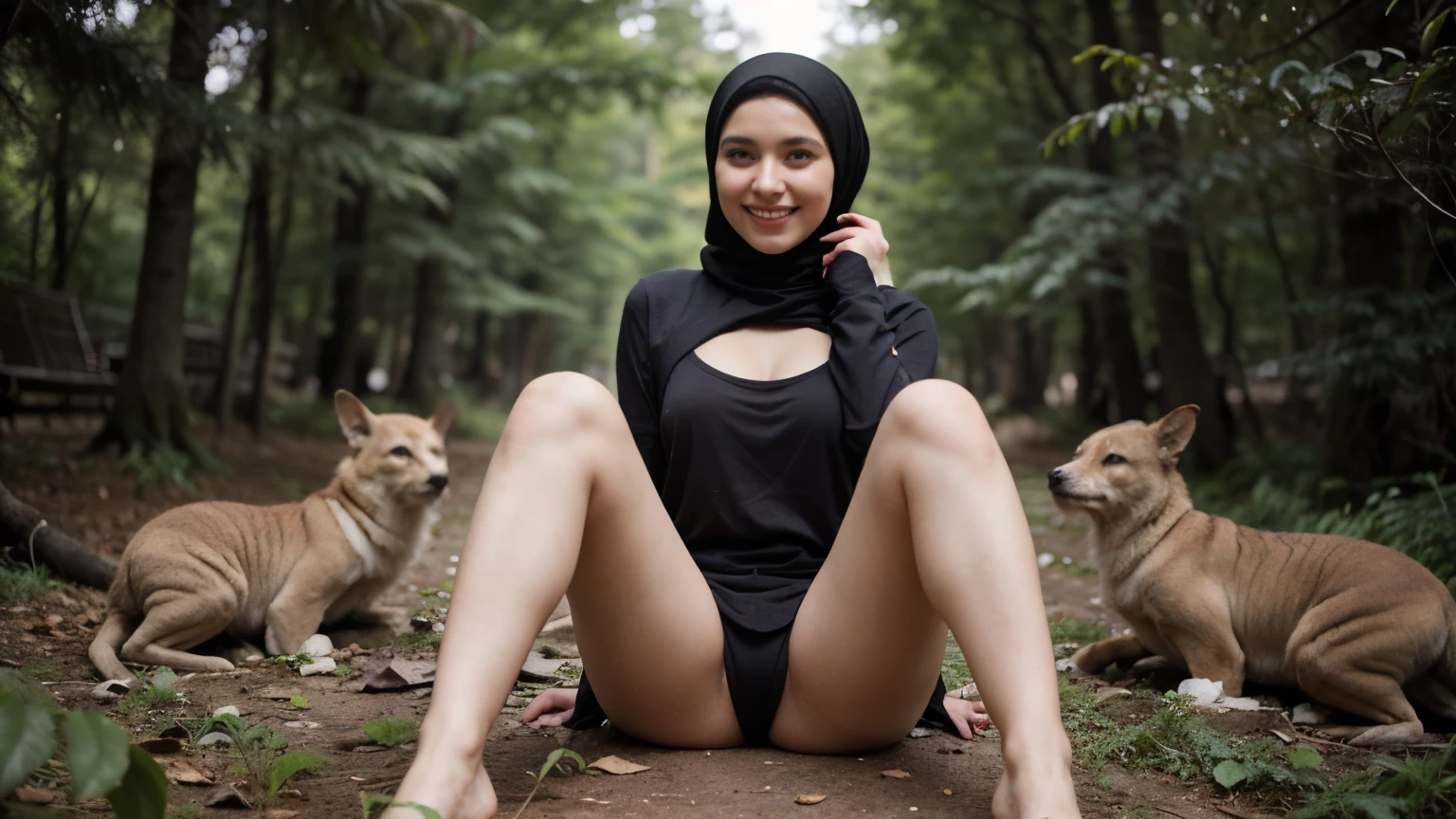 A woman with a hijab stands alone in a dense forest full of strange creatures and has a beautiful and luminous face, and all these creatures obey her,Body size is big. Clothes random color, short dress and panty, medium fat size. 20 year old, Sexy pose, smiling face, sitting cross legged,Sitting in a sexy pose with legs apart