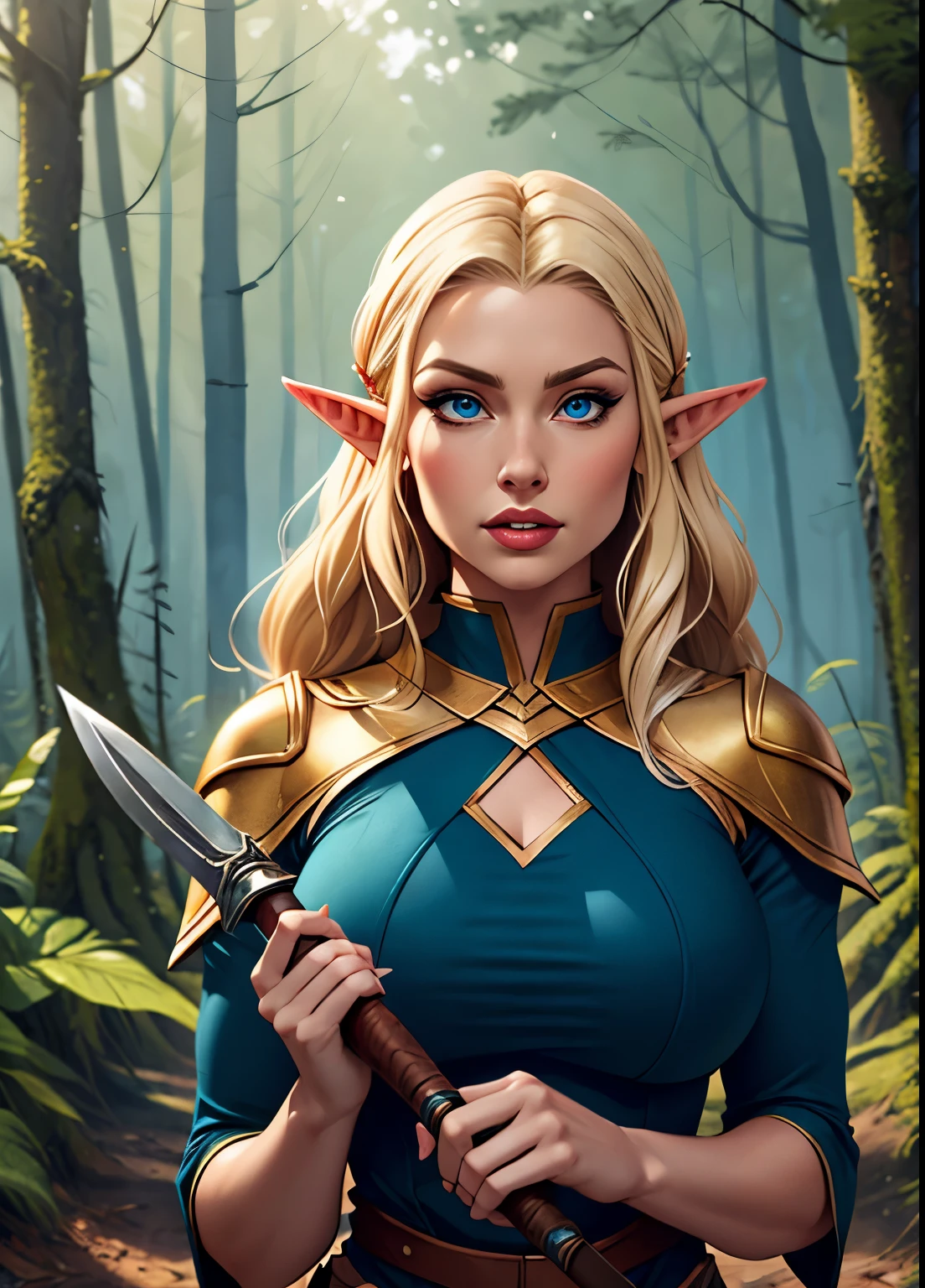 a female elf with long blonde hair, pointy ears, big blue eyes, thin lips, round face, big breasts, wearing elf clothes, female elf, pov, holding a dagger, in the forest