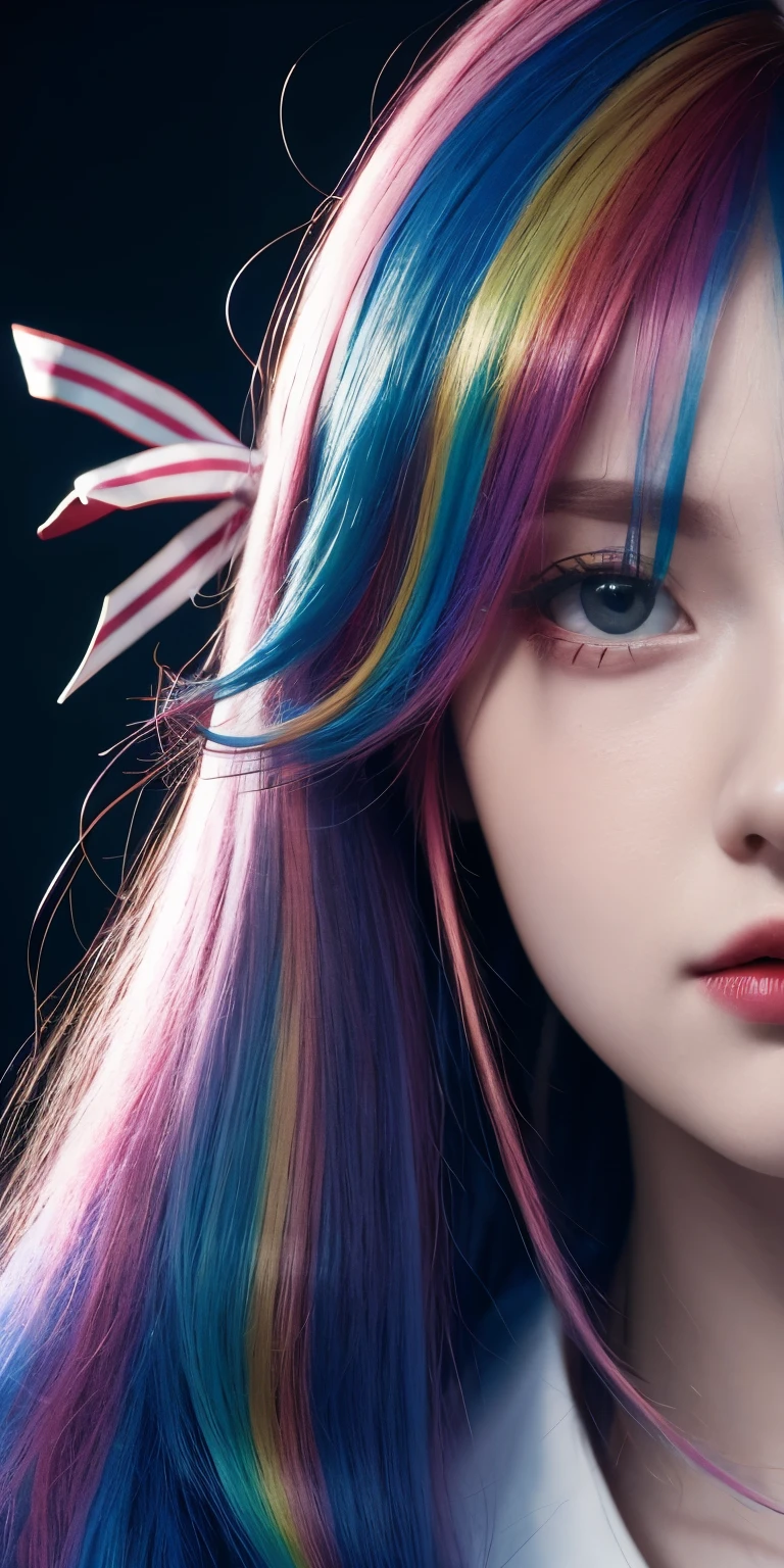 multicolored hair, hair ribbon, Surrealism, cinematic lighting, close-up, UHD, high details, masterpiece  