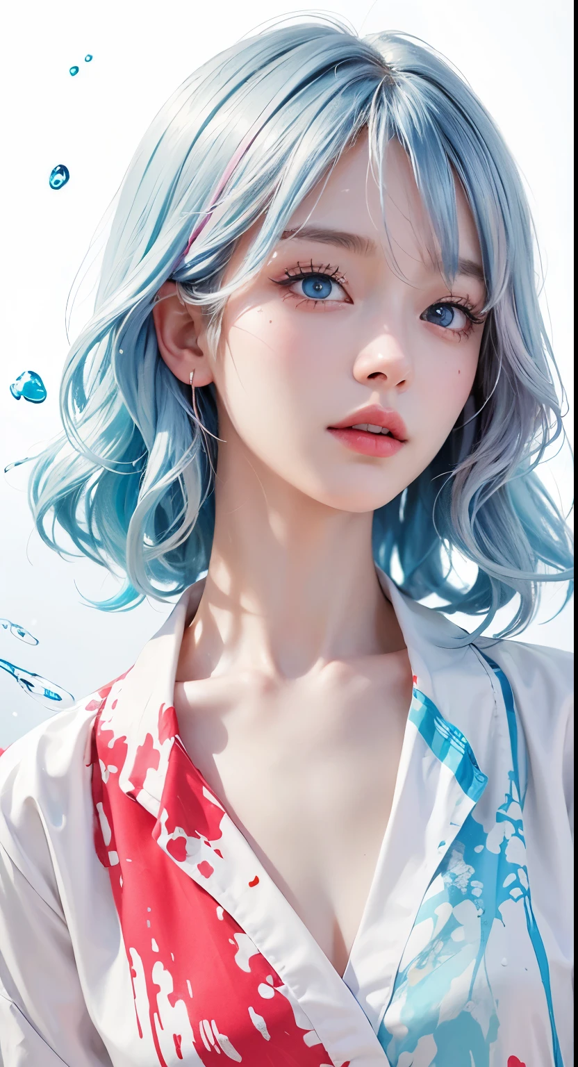 （masterpiece、best quality、high resolution），（Colorful background，（splash of color，ink splatter，splash of color）），Sweet girl，light blueshort hair，short hair，[light blue|pink]hair，curls，blue eyes，flash，pink嘴唇，（Splash color，（white shirt），front，Whole BodyEsbian:0.6，Volumetric lighting，splash of color，Color explosion，Surrounded by colorful splashes