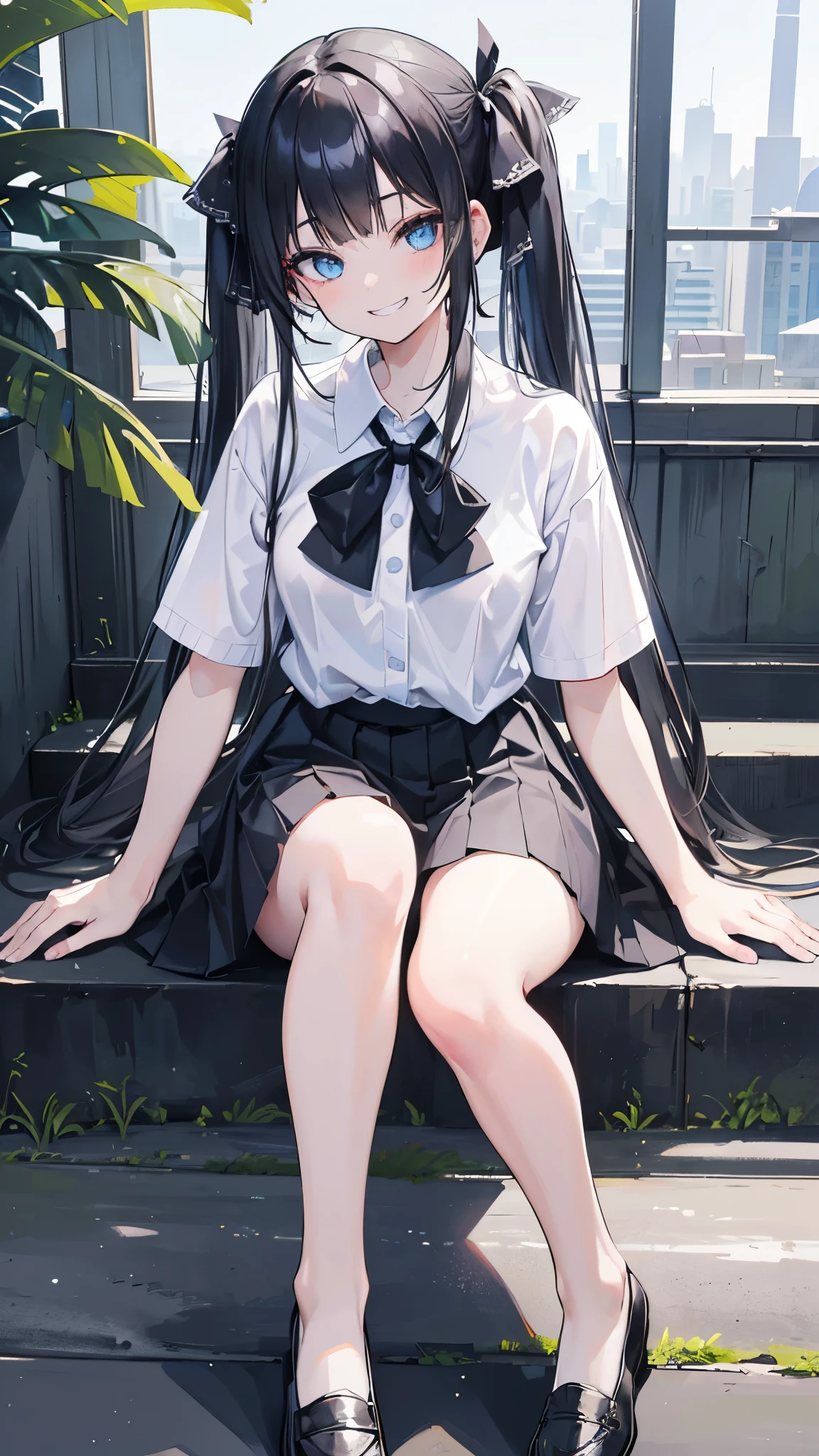 (8K、Highest image quality、highest quality、masterpiece)、detailed face、1 girl、black hair、Length to shoulder、twintails、blunt bangs、light blue eyes、evil smile、((grin))、small breasts、((white shirt))、ribbon tie、short sleeve、black pleated skirt、((panties))、loafers、sitting、((knees up))、sit on the stairs、Take from below、city background