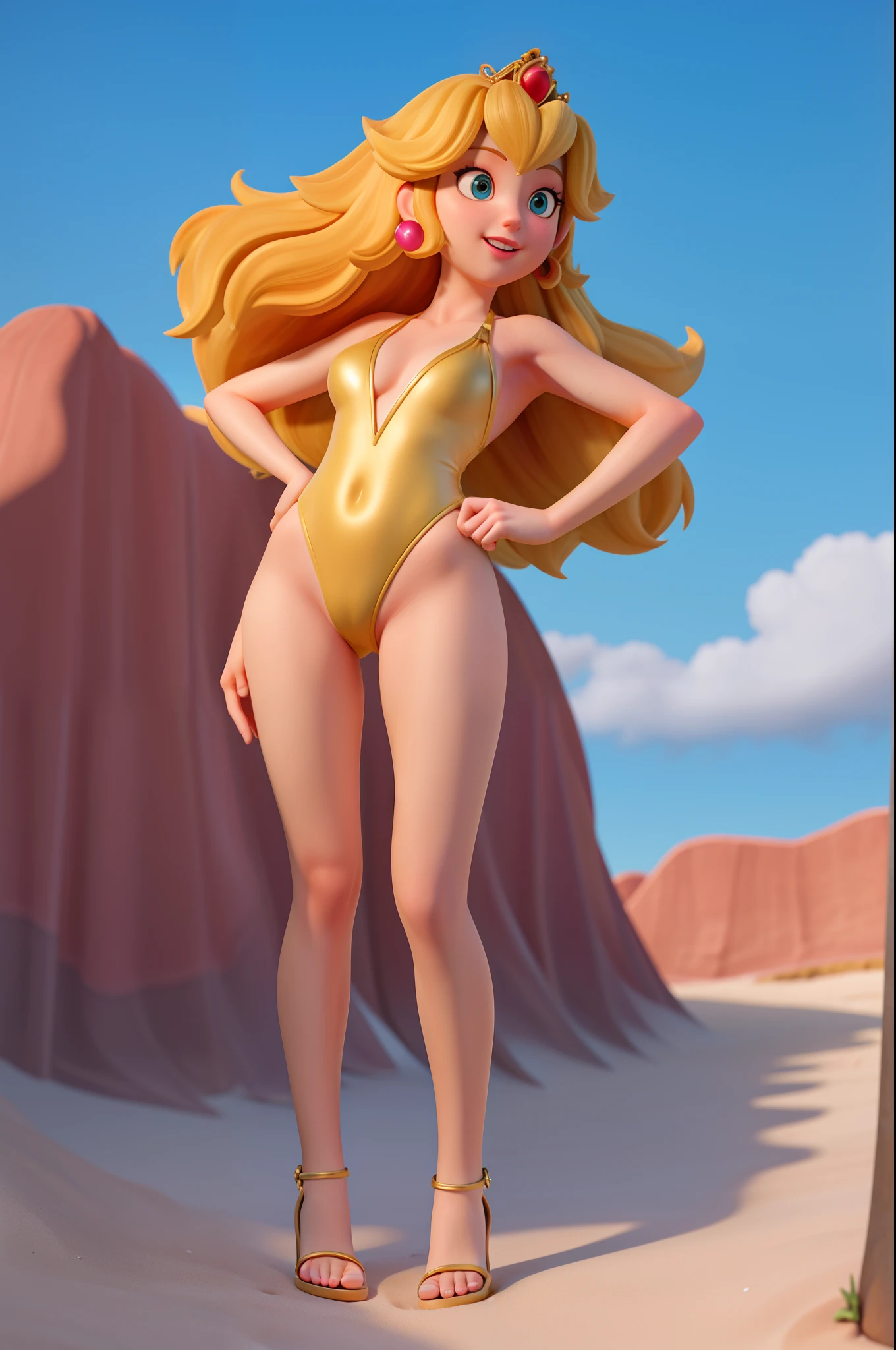 All textures in high quality and realistic details, princess peach,gold swimsuit one pice,in the beach public,view crotch