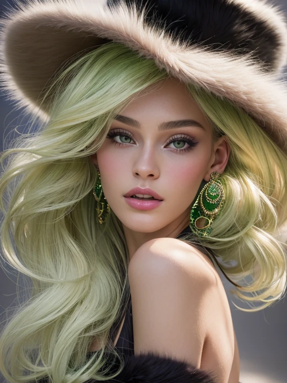 a close up of a woman wearing a Light Green hat and earrings, sleek dark fur, Light Green Fur, Russian style, very beautiful fur, fine fur, Dasha Taran, dark fur, Fur details, top hat, Anastasia Ovchinnikova, Light Green hat, synthetic fur, Elena Belova, wearing a top hat, Julia Gorokhova,Beautiful maturation, ((slim, )), photographrealistic, photograph, masterpiece, realistic, realism, photographrealism, high contrast, photographrealistic digital art trending on Artstation 8k HD high definition be familiar with realistic, be familiar with, skin texture, hyper be familiar with, realistic skin texture, armature, highest quality, 超High resolution, (photographrealistic:1.4),, High resolution, be familiar with, close up shot, sharp focus, (1 girl, european girl, Featured models), realistic skin, (slimな体型), Platinum-colored side sweep shorthair, highly detailed hair, delicate face, glossy lips,