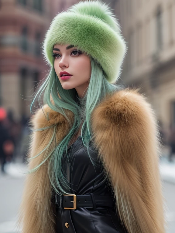 a close up of a woman wearing a Light Green hat and earrings, sleek dark fur, Light Green Fur, Russian style, very beautiful fur, fine fur, Dasha Taran, dark fur, Fur details, top hat, Anastasia Ovchinnikova, Light Green hat, synthetic fur, Elena Belova, wearing a top hat, Julia Gorokhova,Beautiful maturation, ((slim, )), photographrealistic, photograph, masterpiece, realistic, realism, photographrealism, high contrast, photographrealistic digital art trending on Artstation 8k HD high definition be familiar with realistic, be familiar with, skin texture, hyper be familiar with, realistic skin texture, armature, highest quality, 超High resolution, (photographrealistic:1.4),, High resolution, be familiar with, close up shot, sharp focus, (1 girl, european girl, Featured models), realistic skin, (slimな体型), Platinum-colored side sweep shorthair, highly detailed hair, delicate face, glossy lips,