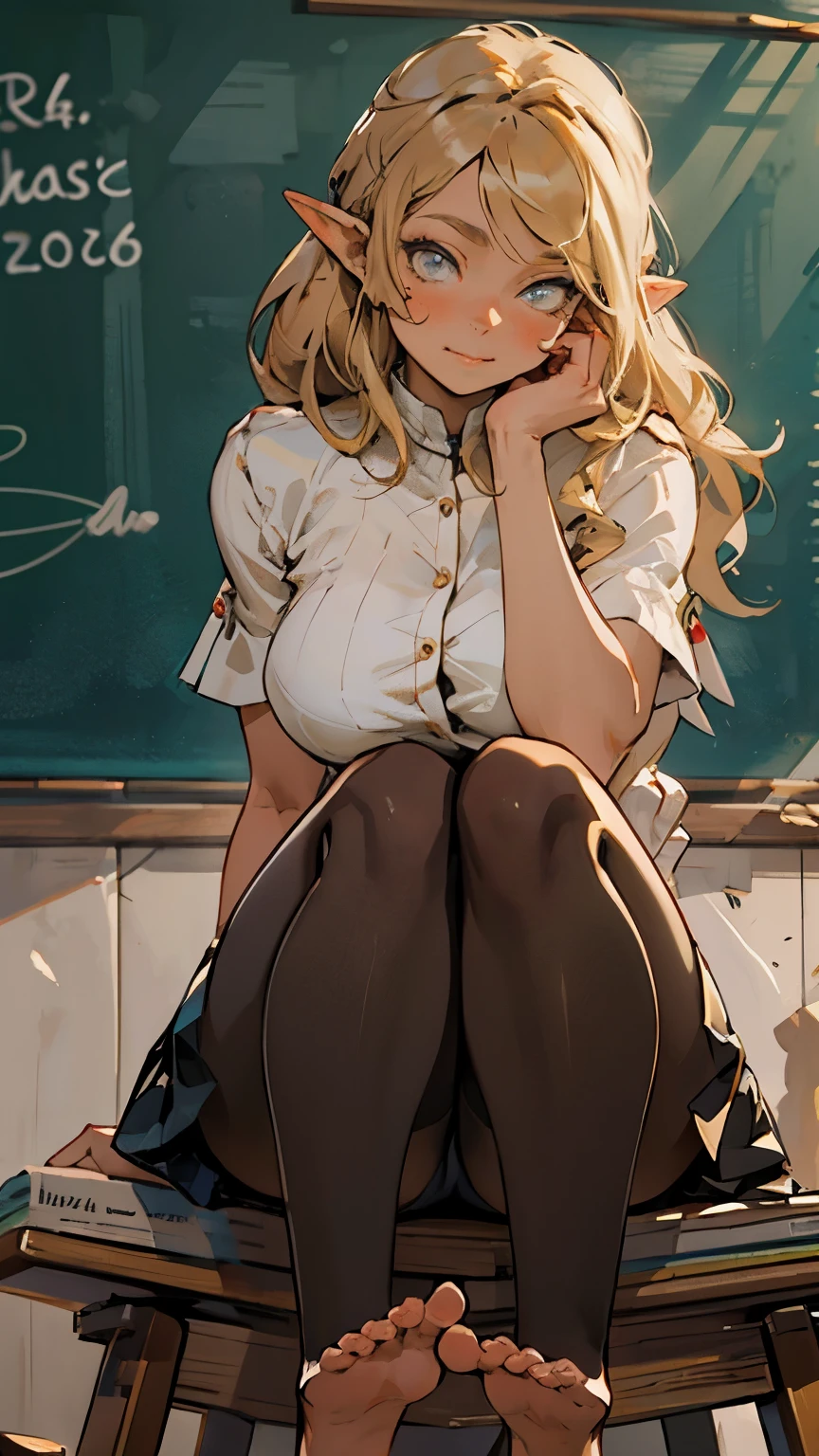 glow，masterpiece, beautiful, 4K, best quality, oil painting portrait style， cute face, big breasts,  blonde，pointed ears， pantyhose,teacher,barefoot