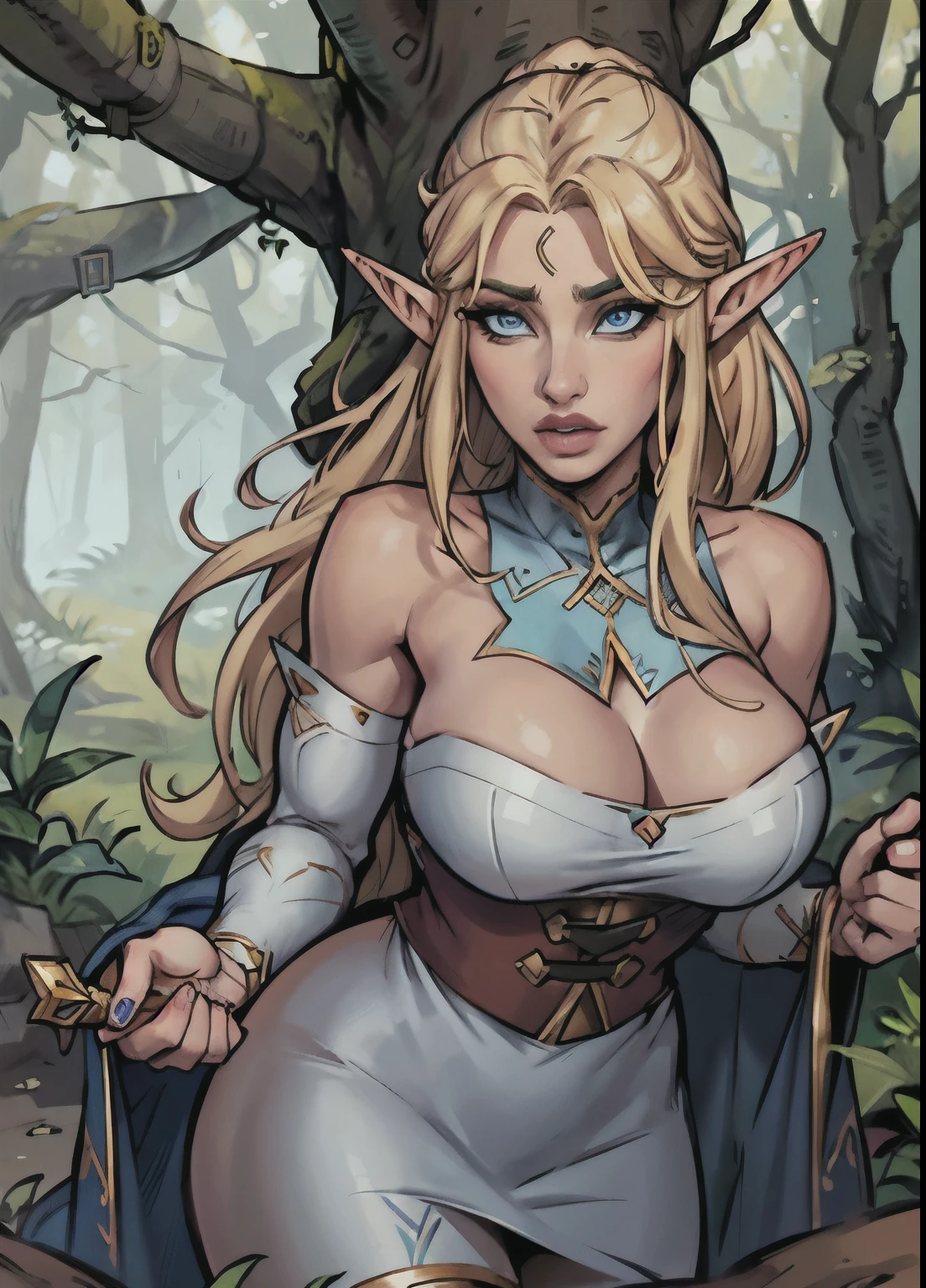 a female elf with long blonde hair, pointy ears, big blue eyes, thin lips, round face, big breasts, wearing elf clothes, female elf, pov, holding a dagger, in the forest
