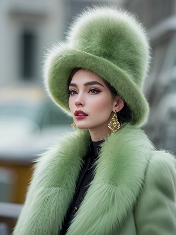 a close up of a woman wearing a Light Green hat and earrings, sleek dark fur, Light Green Fur, Russian style, very beautiful fur, fine fur, Dasha Taran, dark fur, Fur details, top hat, Anastasia Ovchinnikova, Light Green hat, synthetic fur, Elena Belova, wearing a top hat, Julia Gorokhova,Beautiful maturation, ((slim, )), photographrealistic, photograph, masterpiece, realistic, realism, photographrealism, high contrast, photographrealistic digital art trending on Artstation 8k HD high definition be familiar with realistic, be familiar with, skin texture, hyper be familiar with, realistic skin texture, armature, highest quality, 超High resolution, (photographrealistic:1.4),, High resolution, be familiar with, close up shot, sharp focus, (1 girl, european girl, Featured models), realistic skin, (slimな体型), Platinum-colored side sweep shorthair, highly detailed hair, delicate face, glossy lips,