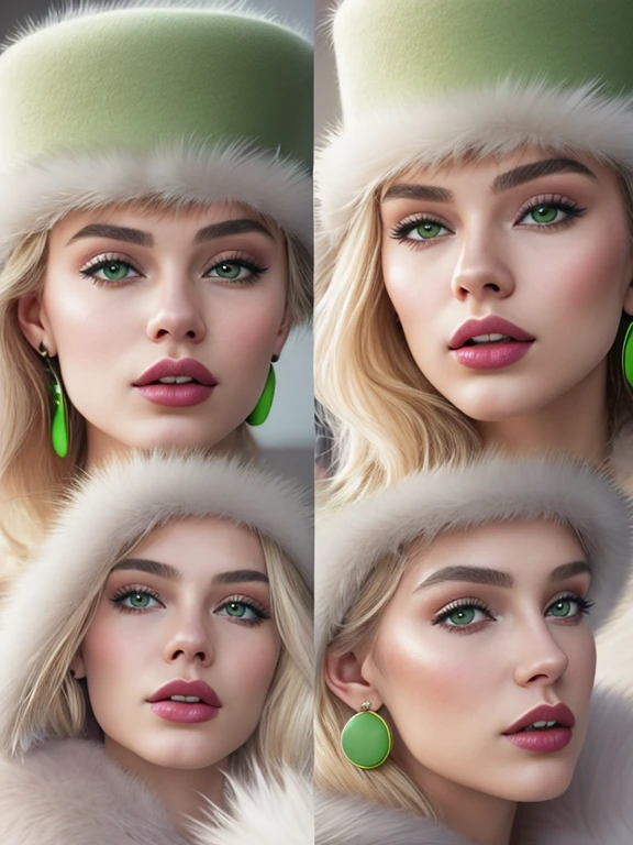 a close up of a woman wearing a Light Green hat and earrings, sleek dark fur, Light Green Fur, Russian style, very beautiful fur, fine fur, Dasha Taran, dark fur, Fur details, top hat, Anastasia Ovchinnikova, Light Green hat, synthetic fur, Elena Belova, wearing a top hat, Julia Gorokhova,Beautiful maturation, ((slim, )), photographrealistic, photograph, masterpiece, realistic, realism, photographrealism, high contrast, photographrealistic digital art trending on Artstation 8k HD high definition be familiar with realistic, be familiar with, skin texture, hyper be familiar with, realistic skin texture, armature, highest quality, 超High resolution, (photographrealistic:1.4),, High resolution, be familiar with, close up shot, sharp focus, (1 girl, european girl, Featured models), realistic skin, (slimな体型), Platinum-colored side sweep shorthair, highly detailed hair, delicate face, glossy lips,