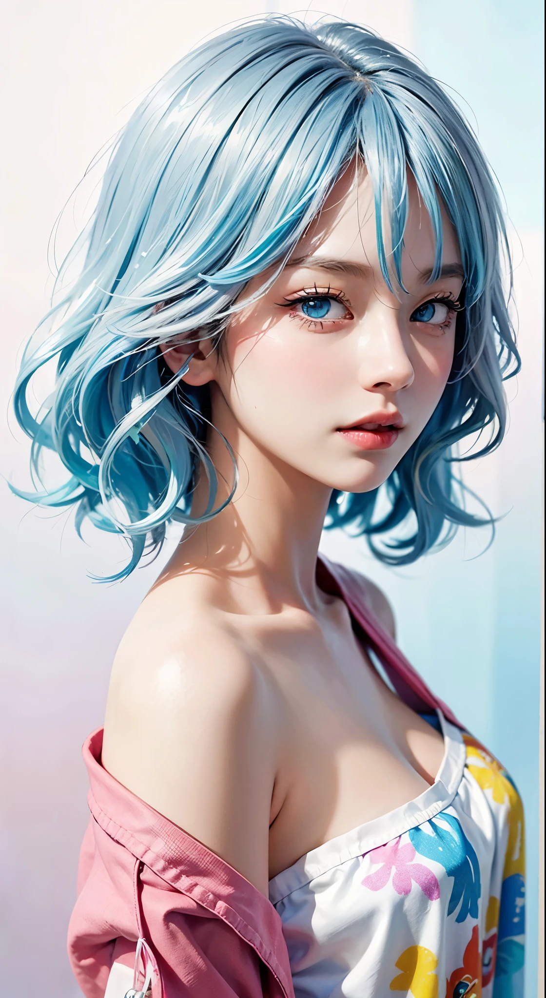 （masterpiece、best quality、high resolution），（Colorful background，（splash of color，ink splatter，splash of color）），Sweet girl，light blueshort hair，short hair，[light blue|pink]hair，curls，blue eyes，flash，pink嘴唇，（Splash color，（white shirt），front，Whole BodyEsbian:0.6，Volumetric lighting，splash of color，Color explosion，Surrounded by colorful splashes