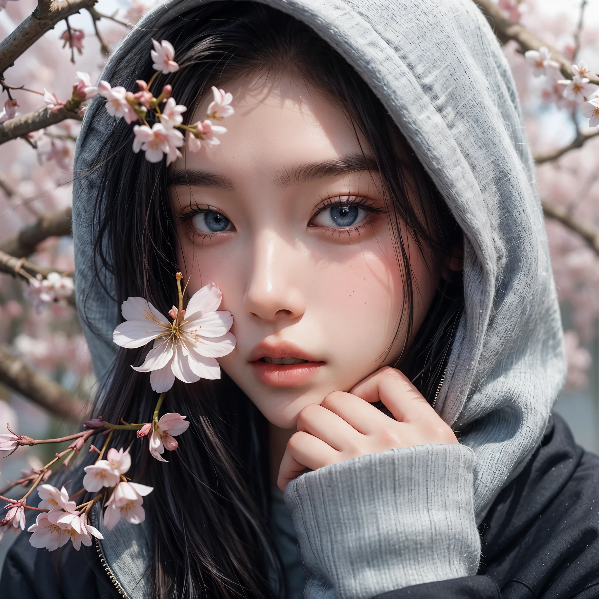 photography of a 17 year old Asian woman is hiding behind cherry blossom, wearing a hoodie jacket, pale skin, blue eyes, analog camera Nikon D850 f/16, high detailed,