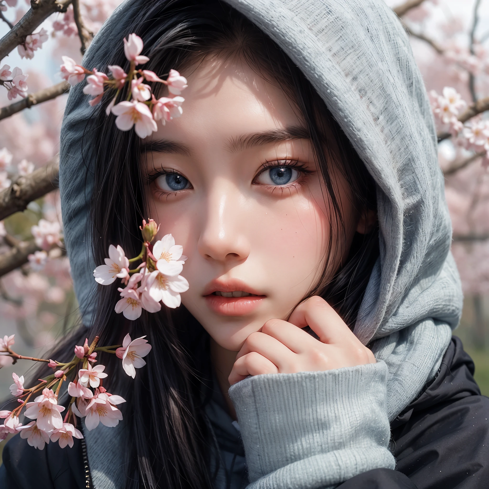 photography of a 17 year old Asian woman is hiding behind cherry blossom, wearing a hoodie jacket, pale skin, blue eyes, analog camera Nikon D850 f/16, high detailed,