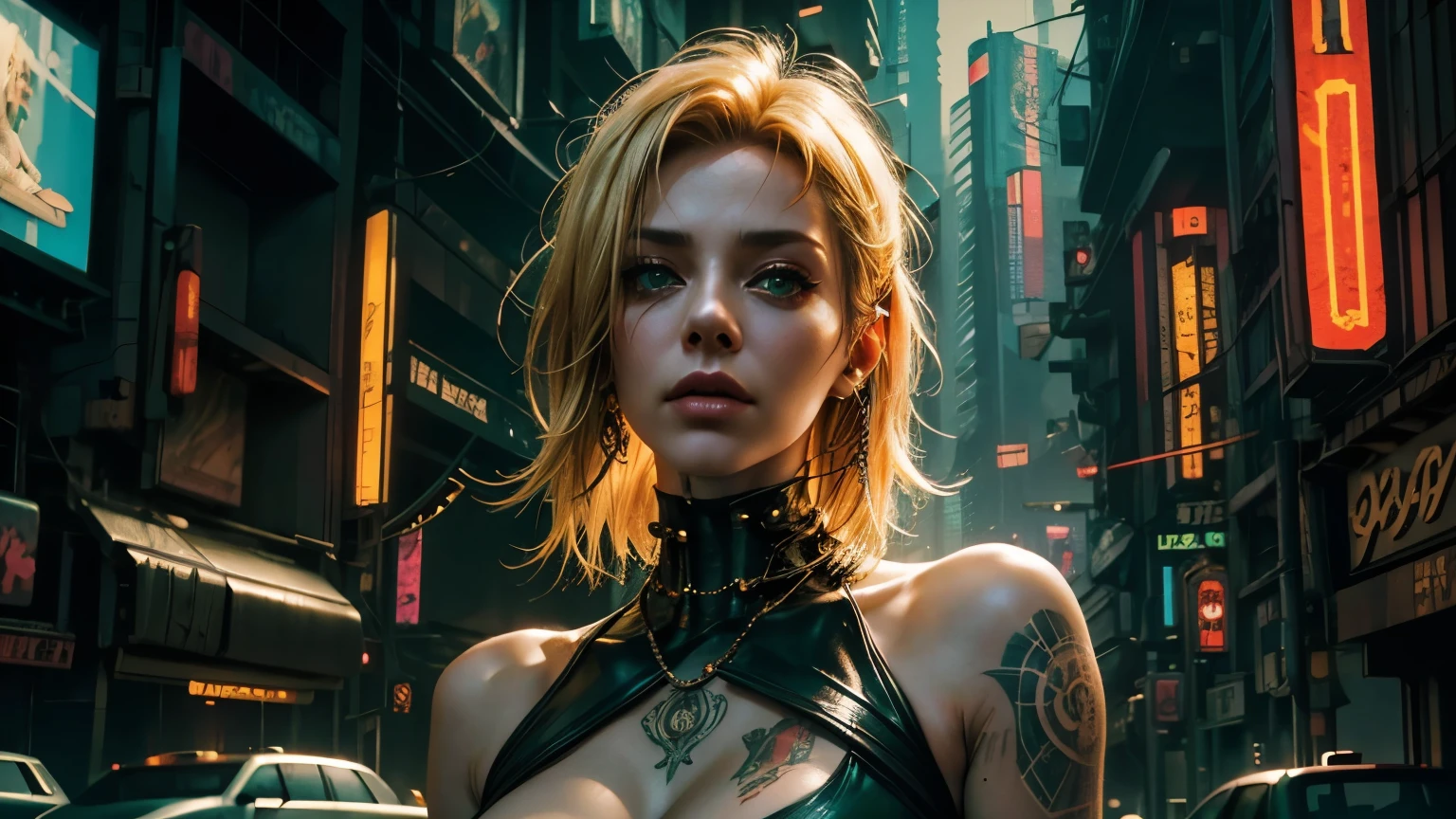 Mature woman, beatiful, alone, golden hair, green eyes, piercing, tattoos, seduction pose, complex background, dramatic light, cinematographic, masterpiece, textured skin, detailed, ((cyberpunk)),