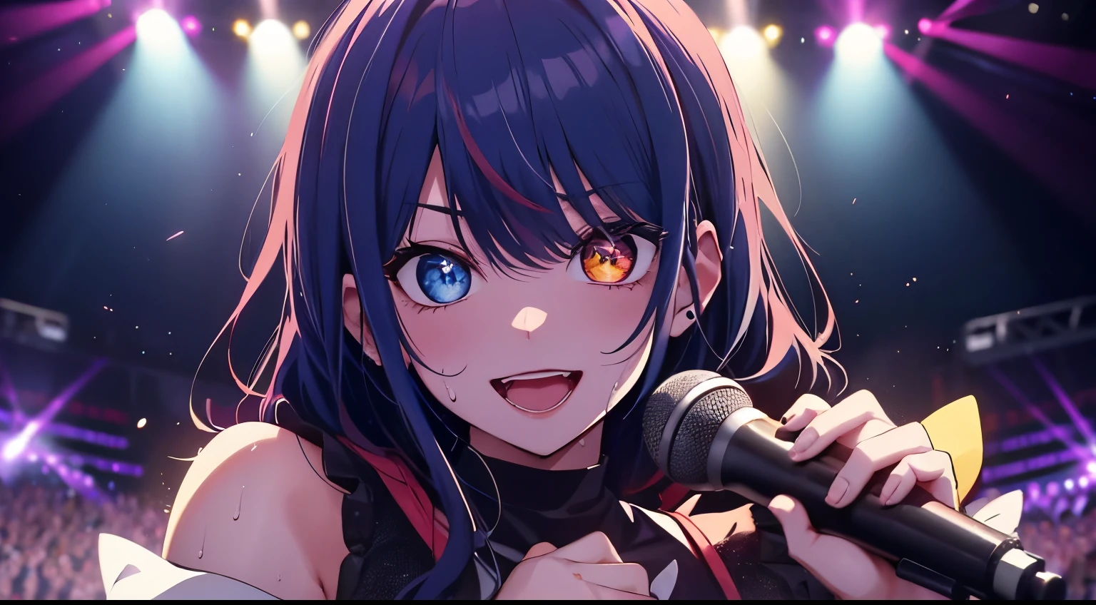 heterochromia、red eyes,yellow eyes、Idol singer singing with live music、Singing while sweating alone、Have fun with a smile、Hair color is blue hair、Proud Idol、slim figure、The background is the stage