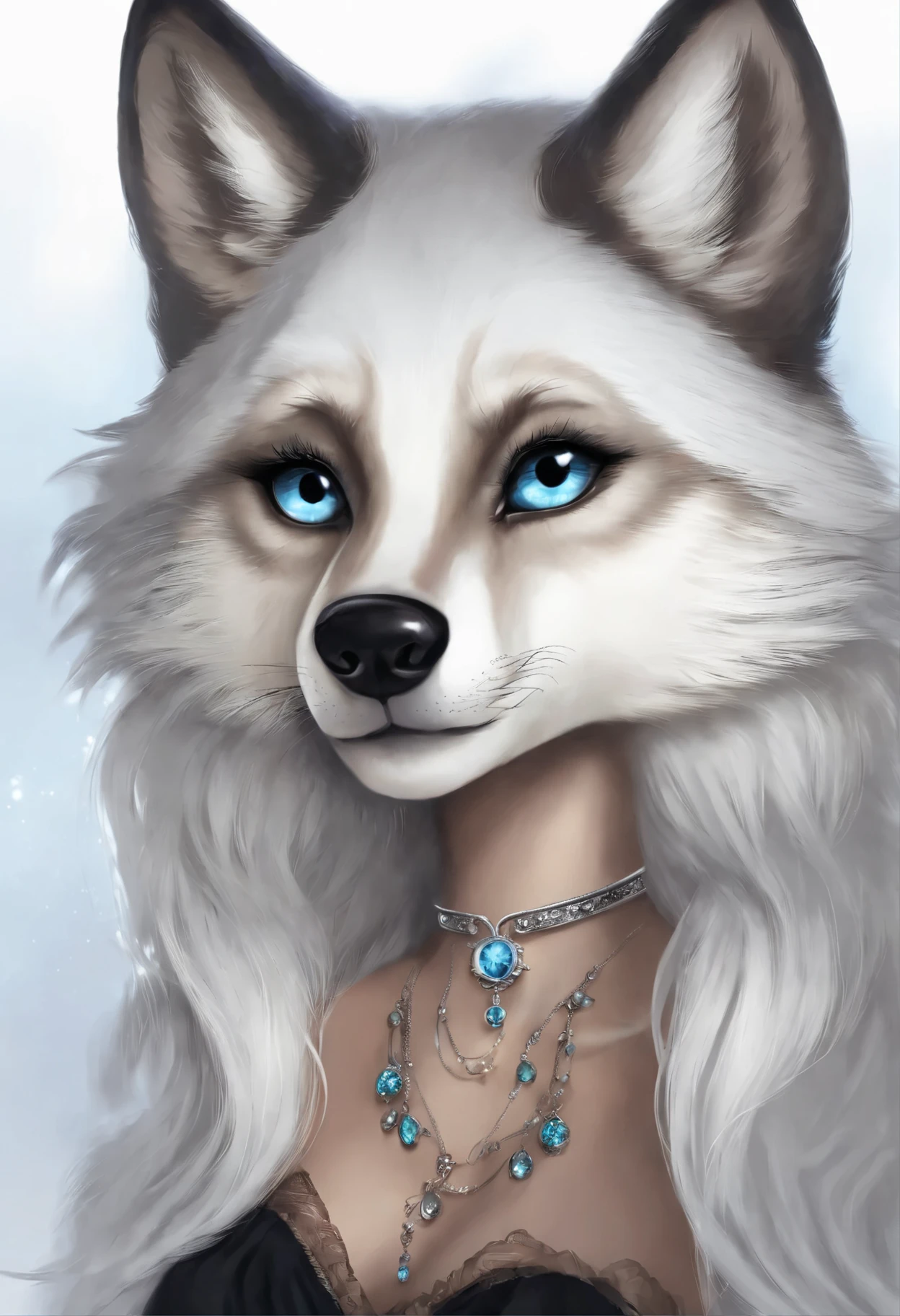 Close-up of a woman in a dress and a wolf, concept art by Cynthia Sheppard, Trends in CG Society, Fantasy Art, Ice and Storm Queen, white fur and dark skin, Female anthropomorphic wolf, Goddess of winter, Winter queen, Fantasy Art style, Dark Skin God, epic Fantasy Art style