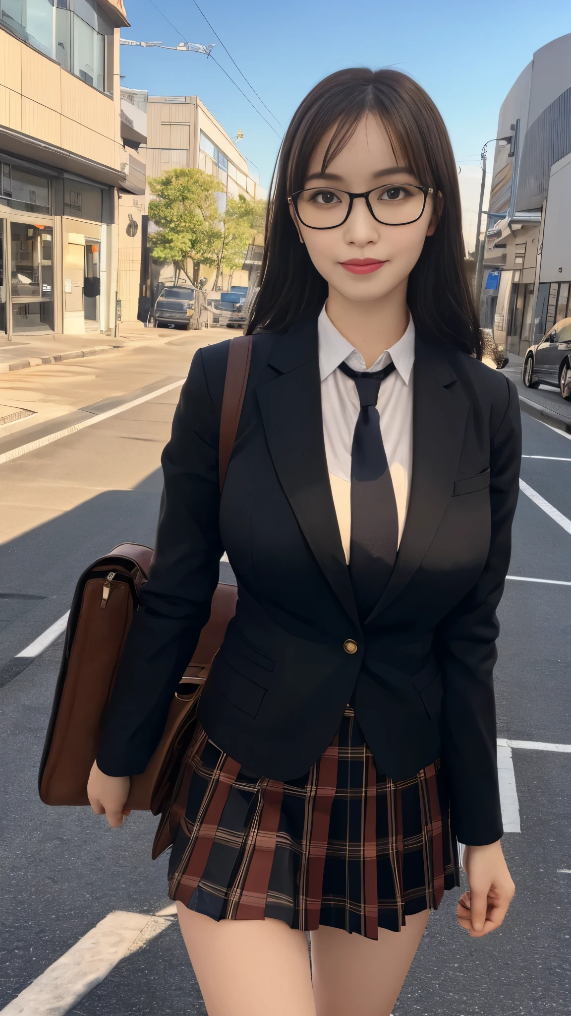 masterpiece, best quality, ultra-detailed, illustration,, (paisura:1.4), 1girl, glasses, big breasts, necktie, sexy skirt, bag, sexy school uniform, black hair, outdoors, road, between breasts, street, school bag, ground vehicle, danchi, japan,, slender body