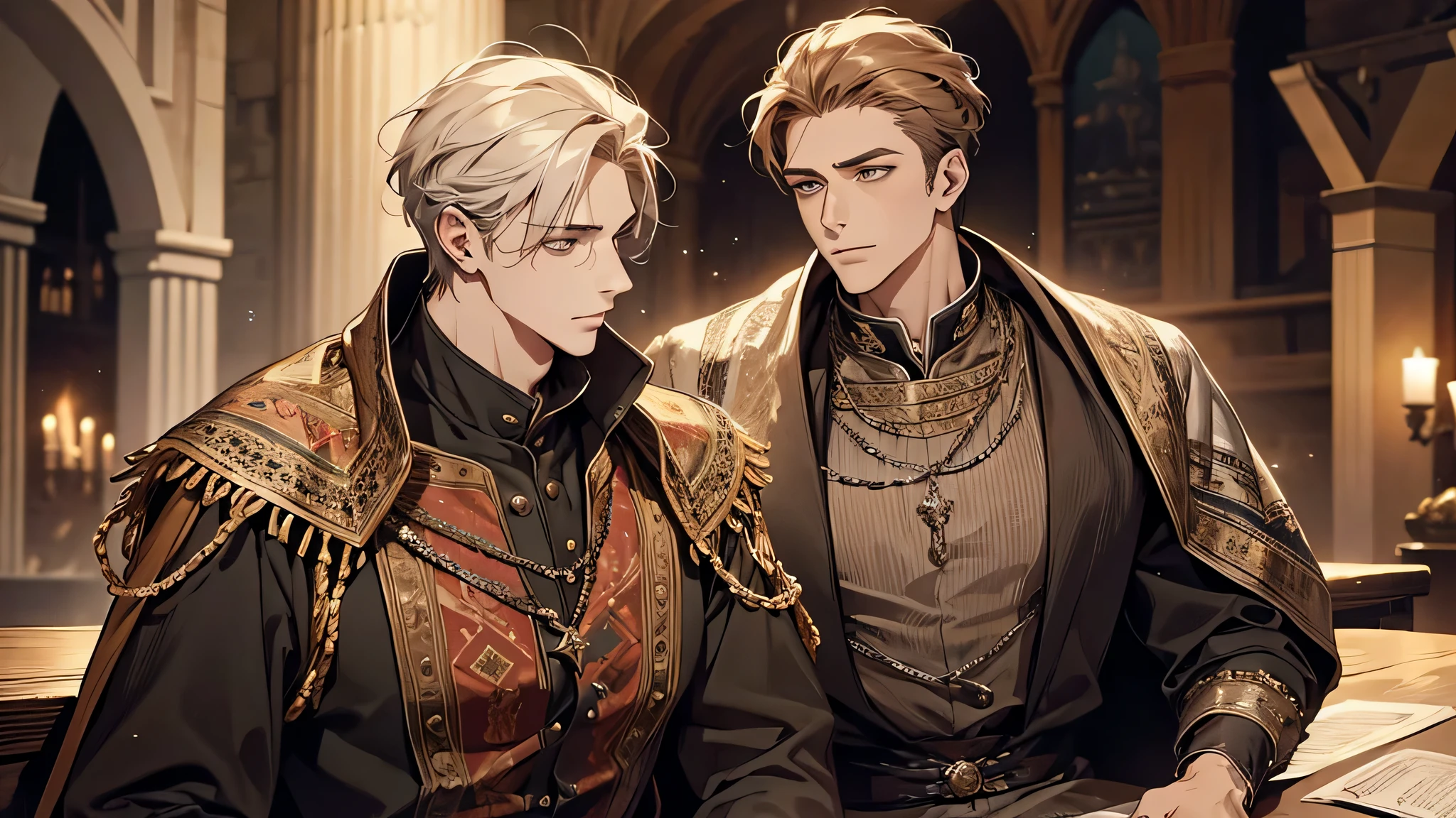 1 handsome young man with 50 years old man, serious, sitting and talking, medieval times, detailed face, detailed eyes, detailed nose, detailed costume