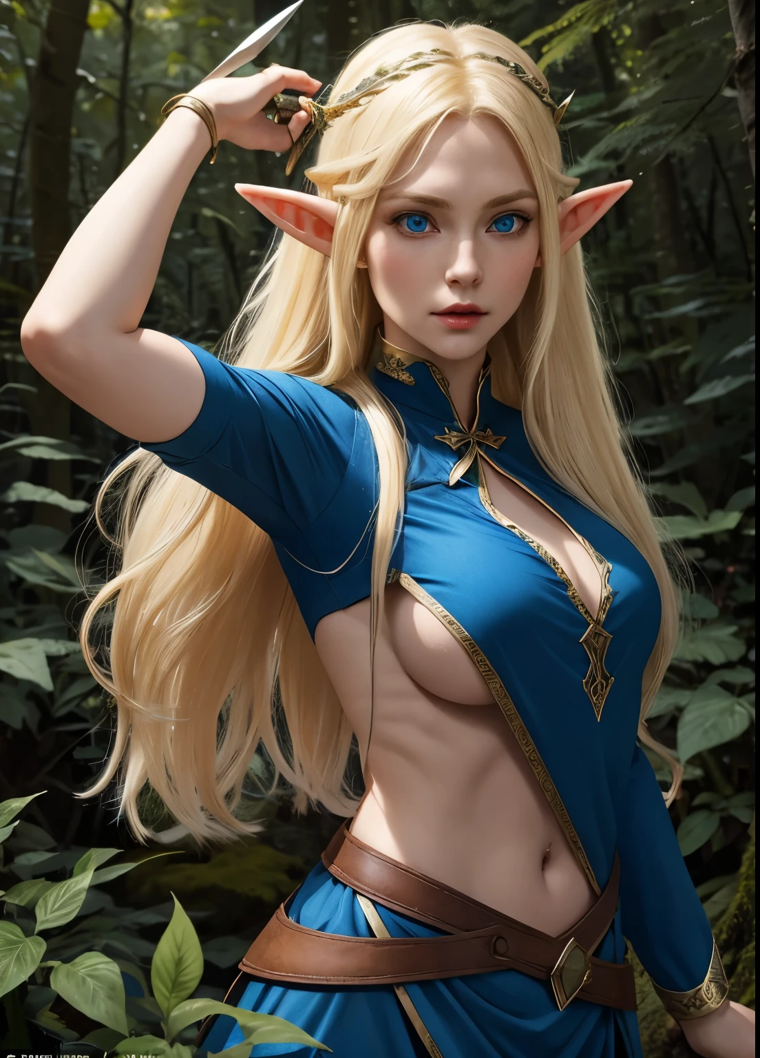 a female elf with long blonde hair, pointy ears, big blue eyes, thin lips, round face, big breasts, wearing elf clothes, female elf, pov, holding a dagger, in the forest
