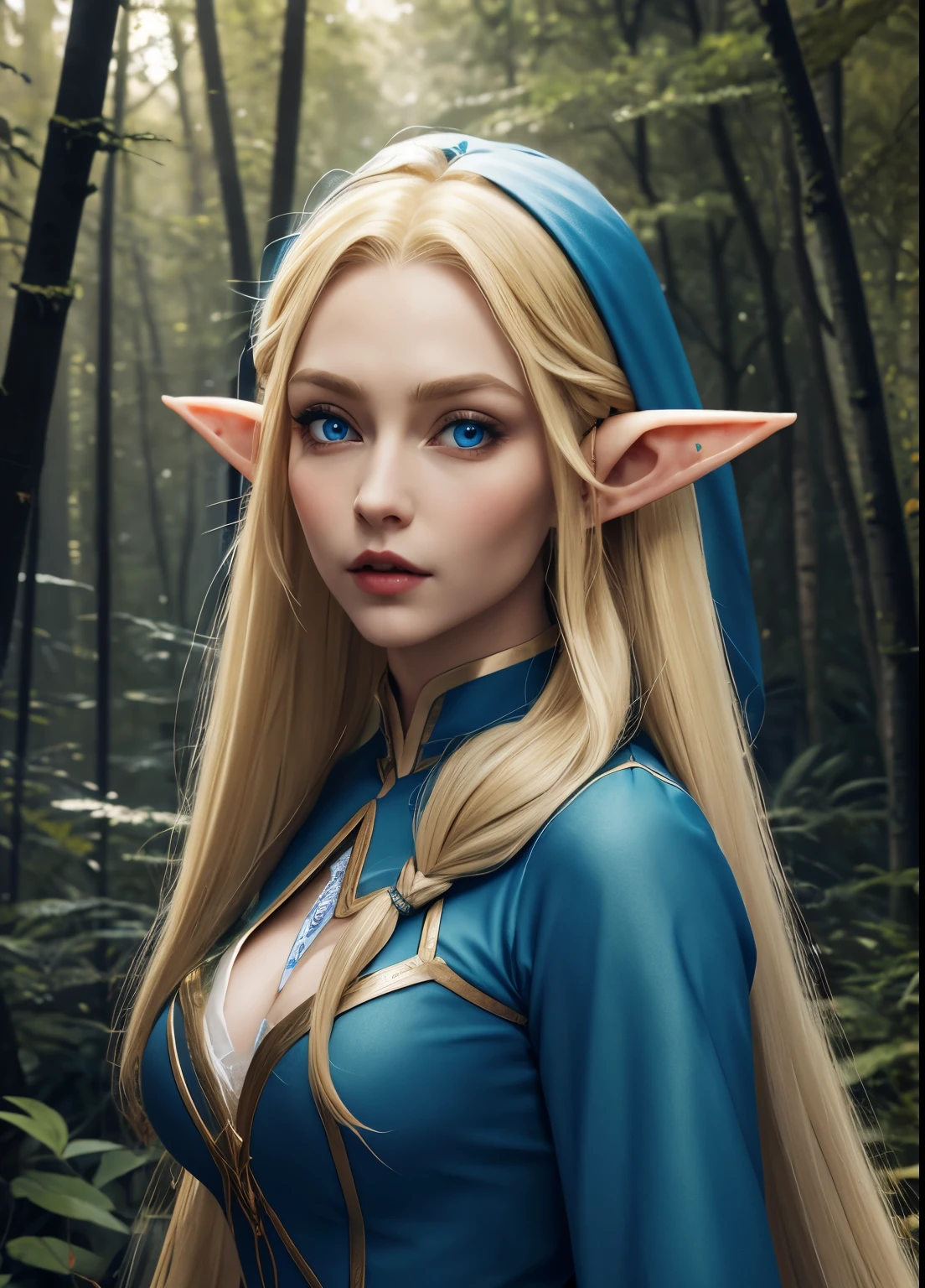 a female elf with long blonde hair, pointy ears, big blue eyes, thin lips, round face, big breasts, wearing elf clothes, female elf, pov, holding a dagger, in the forest